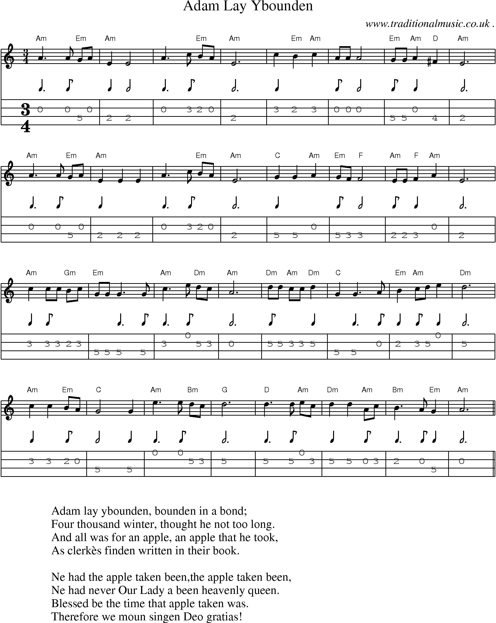 Music Score and Guitar Tabs for Adam Lay Ybounden