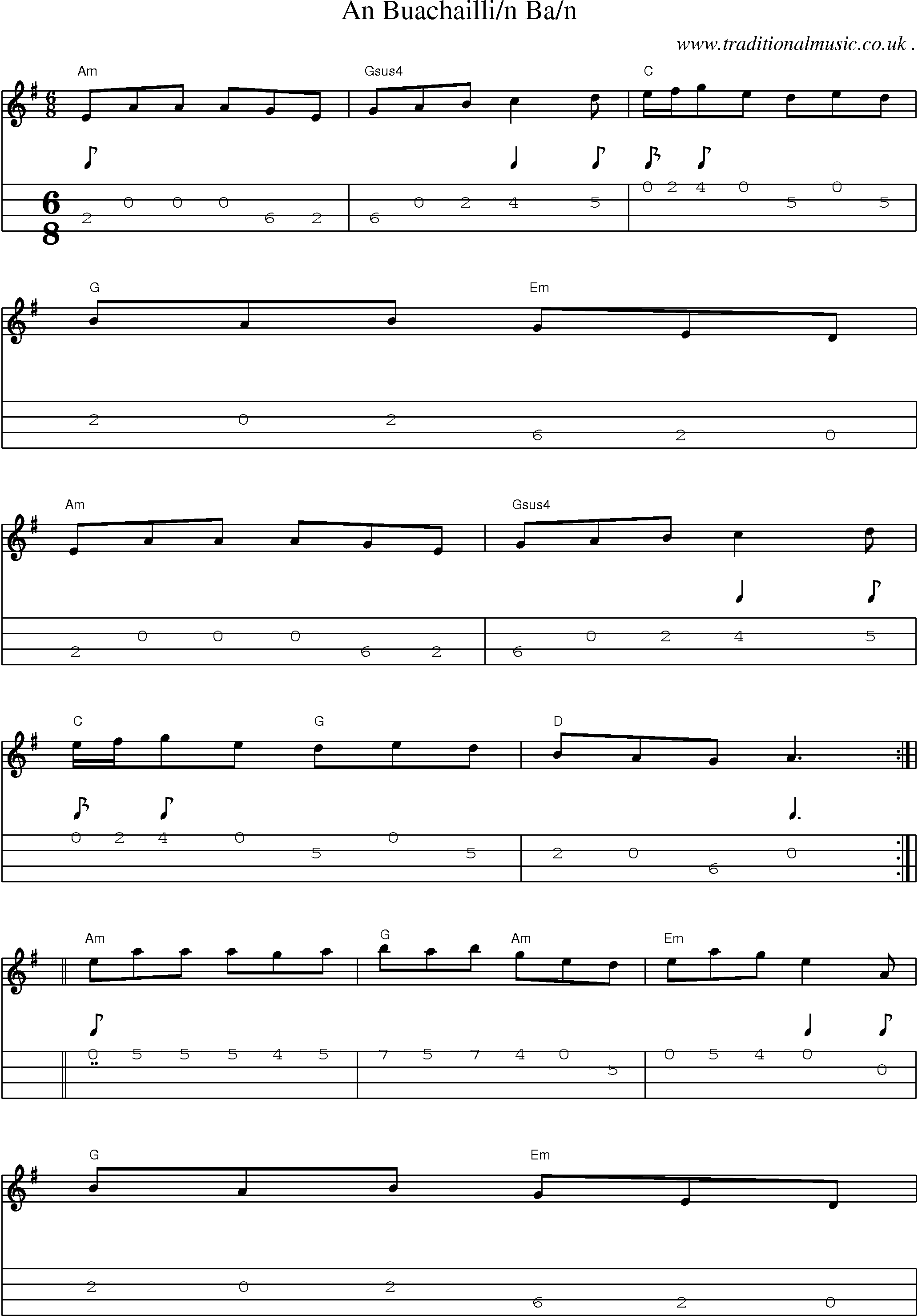 Music Score and Guitar Tabs for An Buachaillin Ban