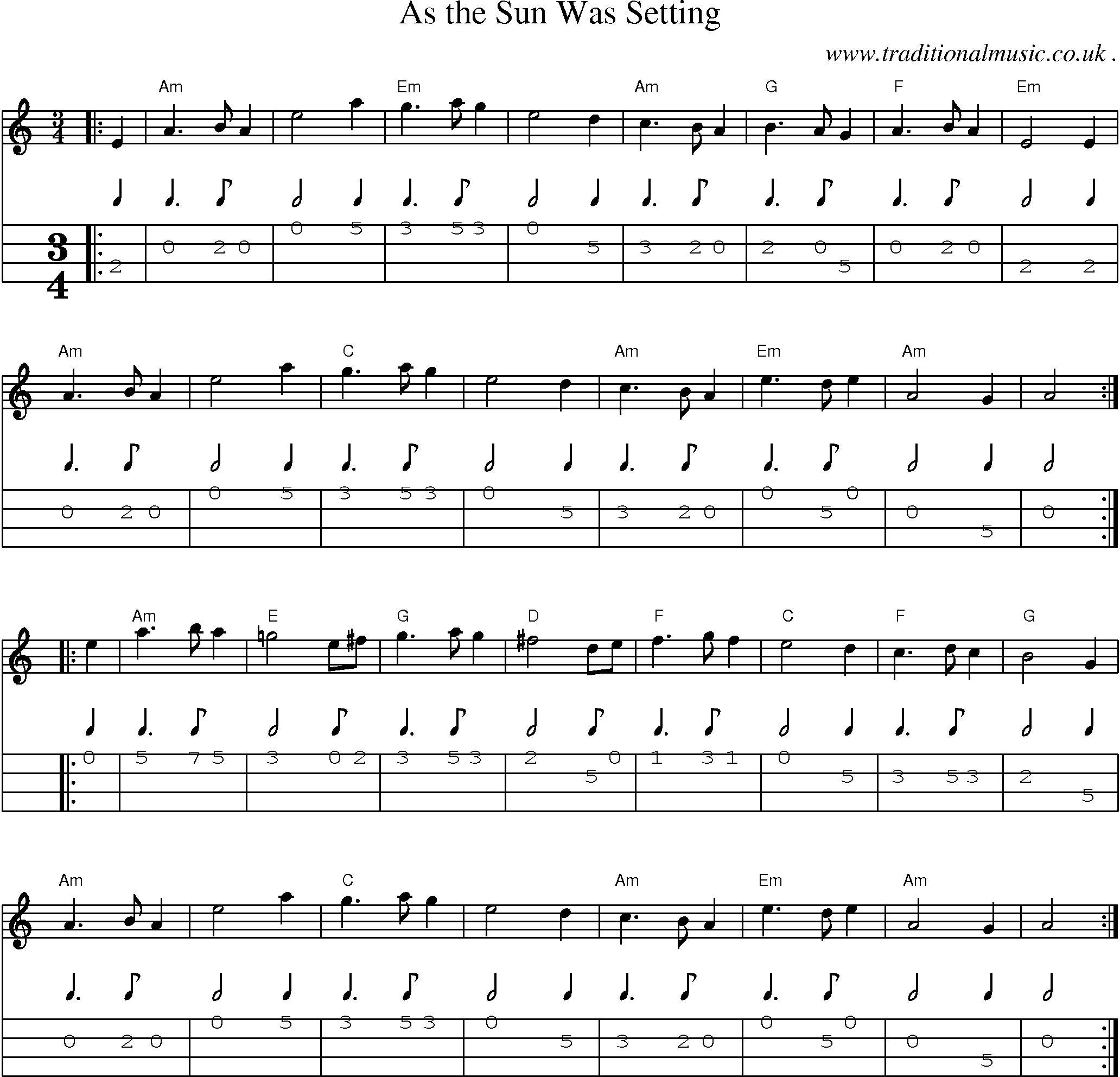 Music Score and Guitar Tabs for As The Sun Was Setting