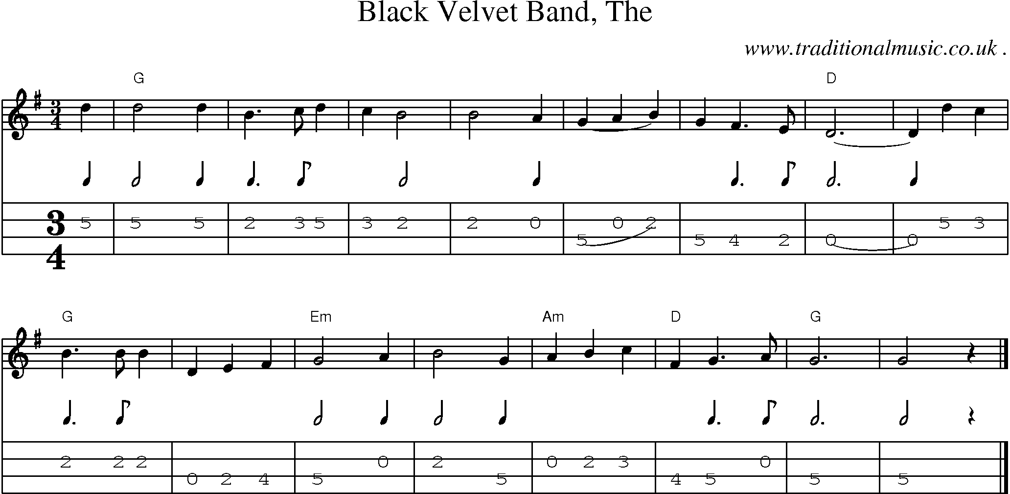 Music Score and Guitar Tabs for Black Velvet Band The