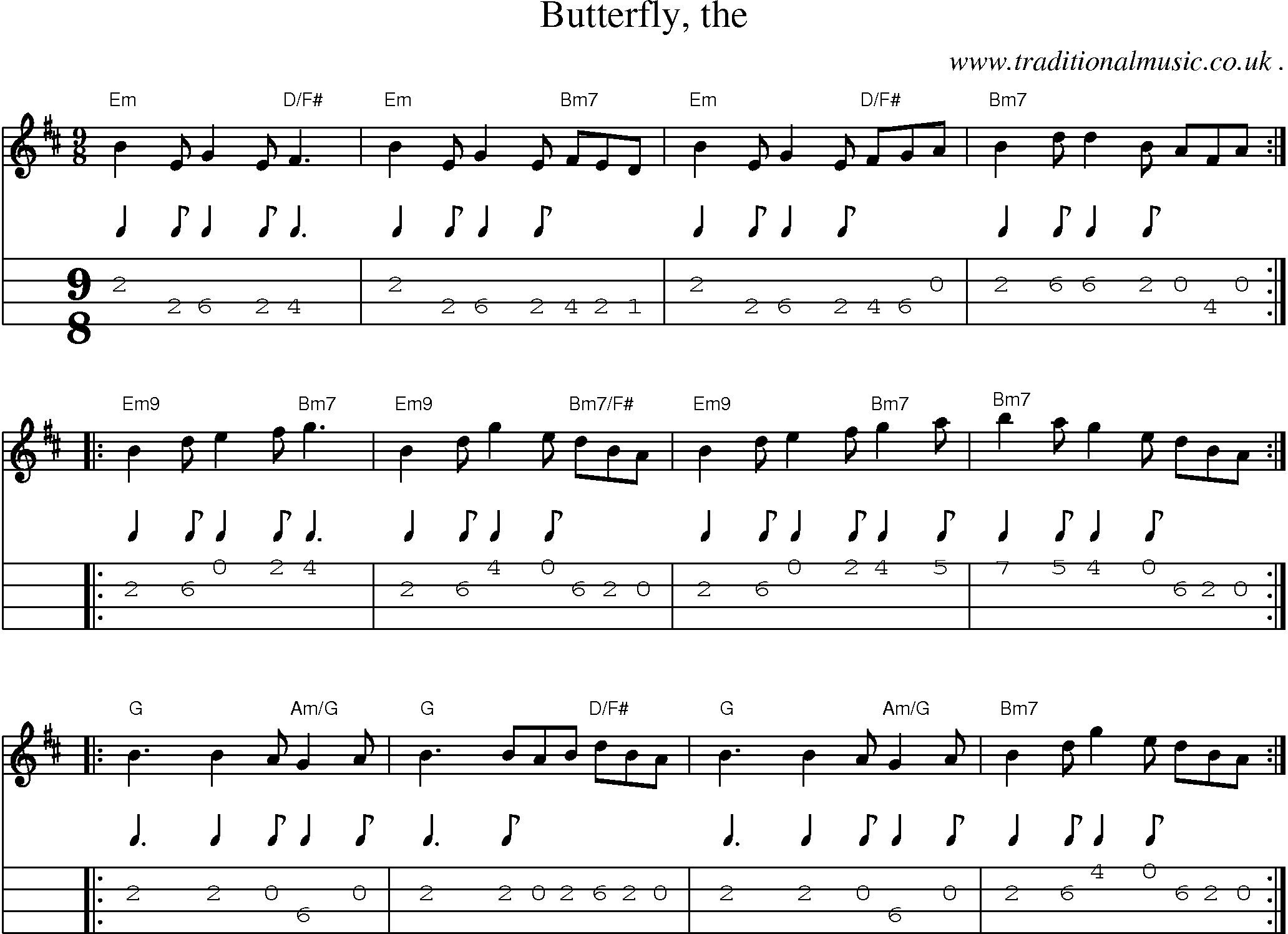 Music Score and Guitar Tabs for Butterfly The
