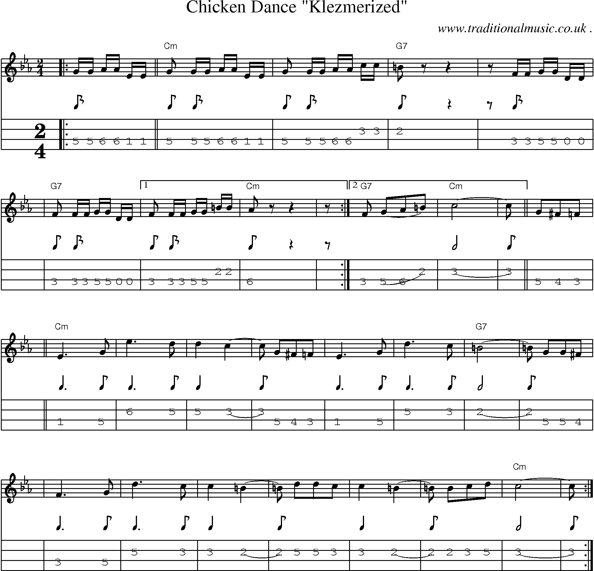 Music Score and Guitar Tabs for Chicken Dance Klezmerized