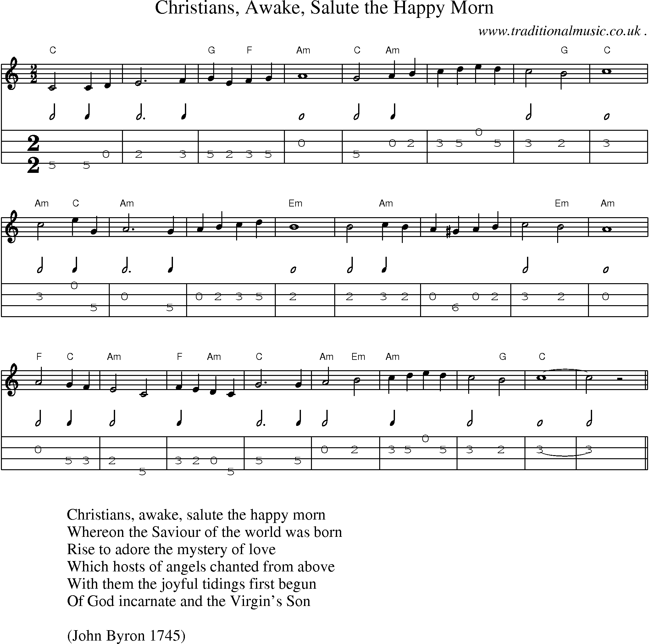 Music Score and Guitar Tabs for Christians Awake Salute the Happy Morn