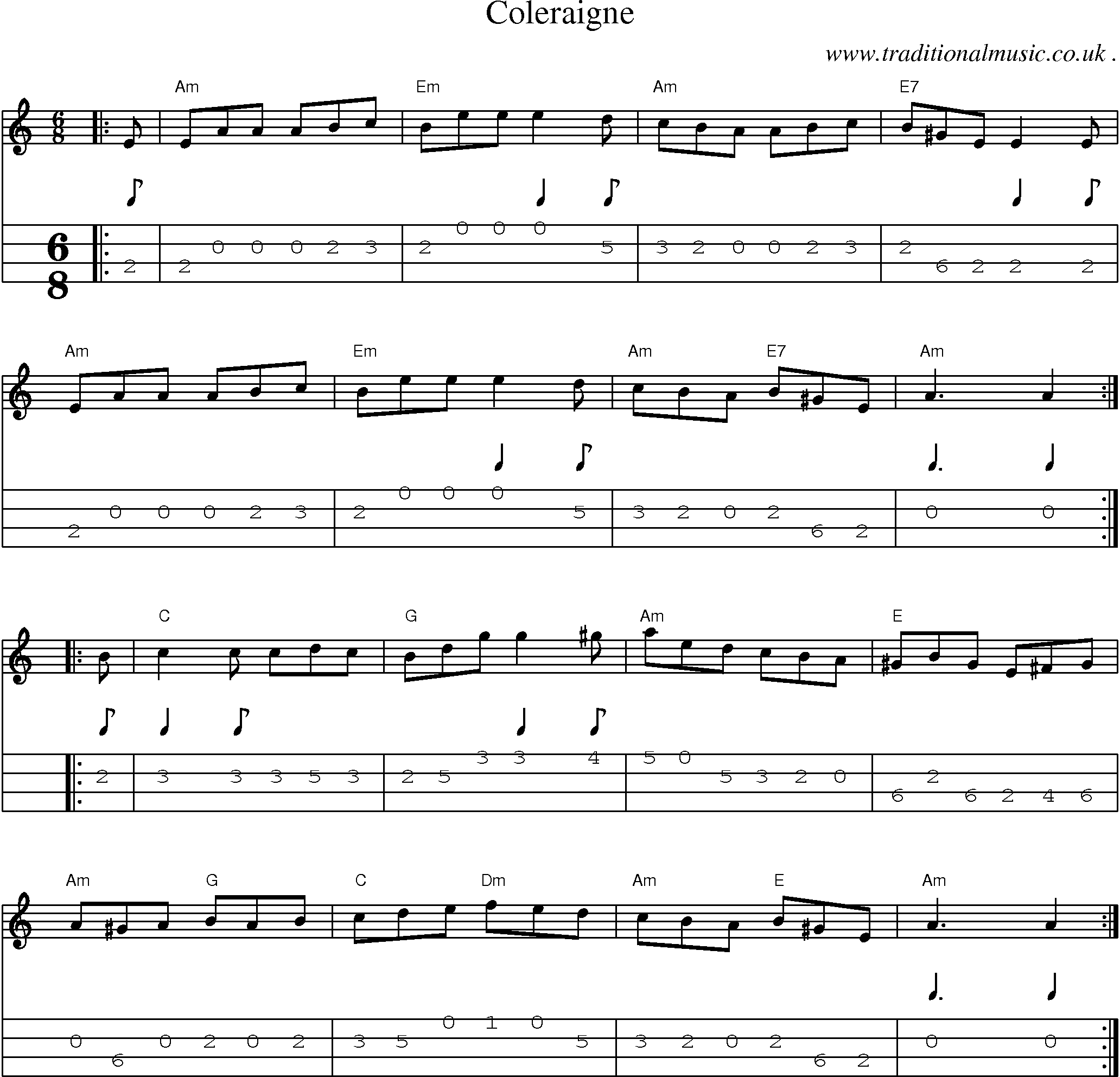 Music Score and Guitar Tabs for Coleraigne