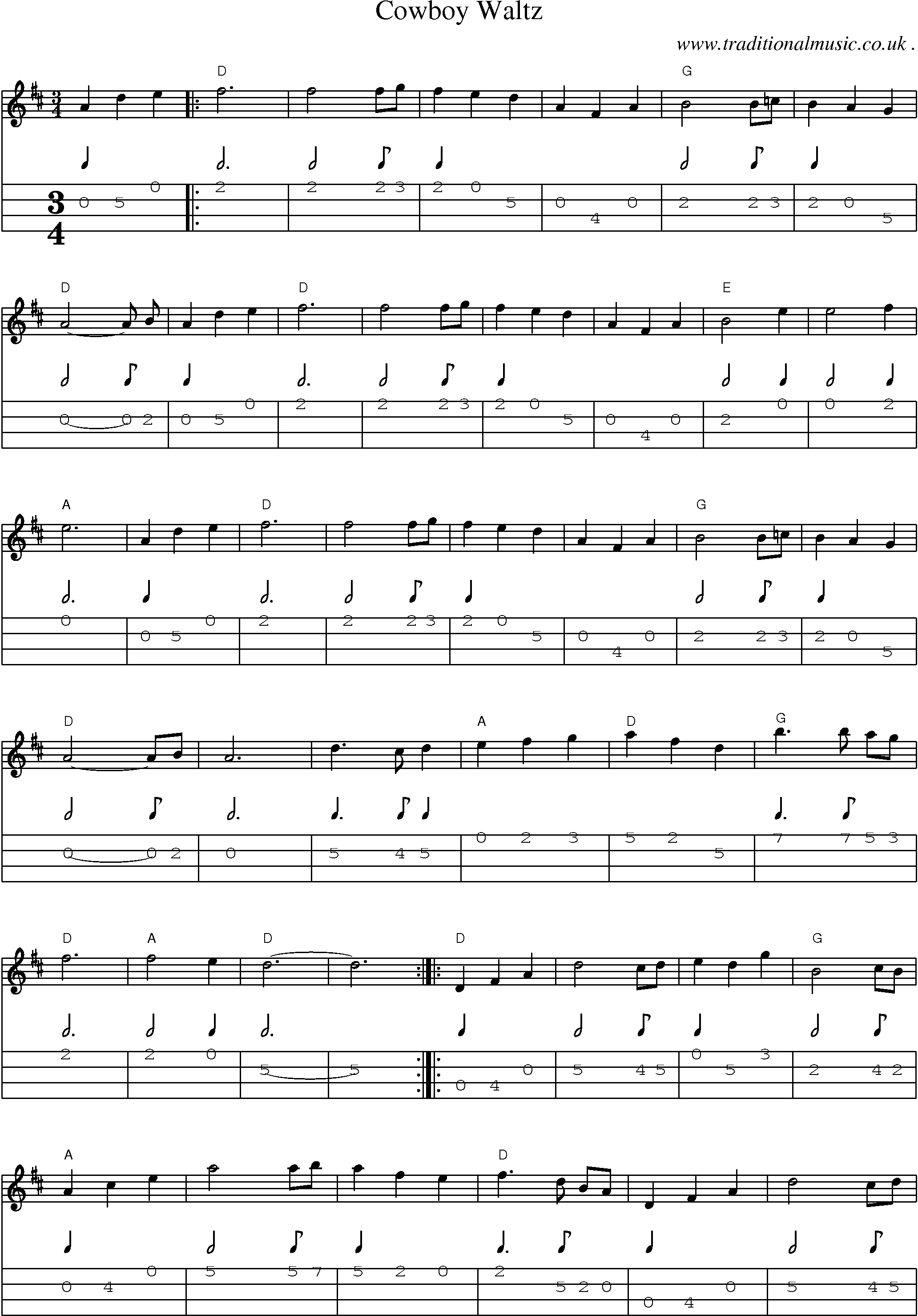 Music Score and Guitar Tabs for Cowboy Waltz