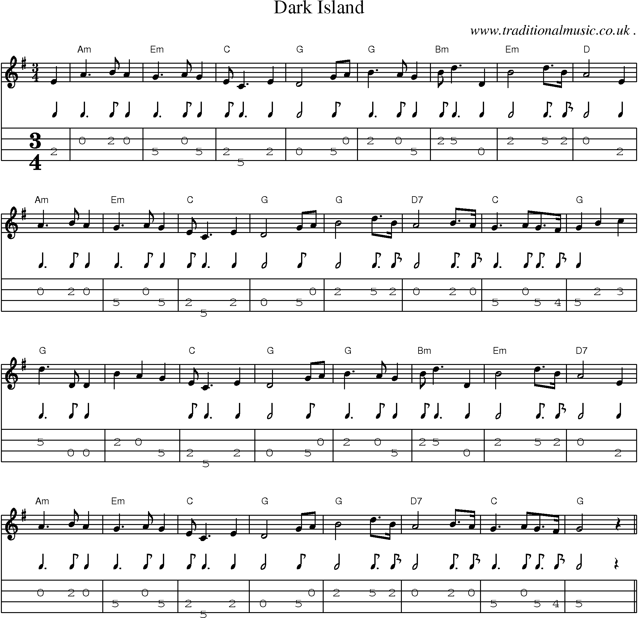 Music Score and Guitar Tabs for Dark Island