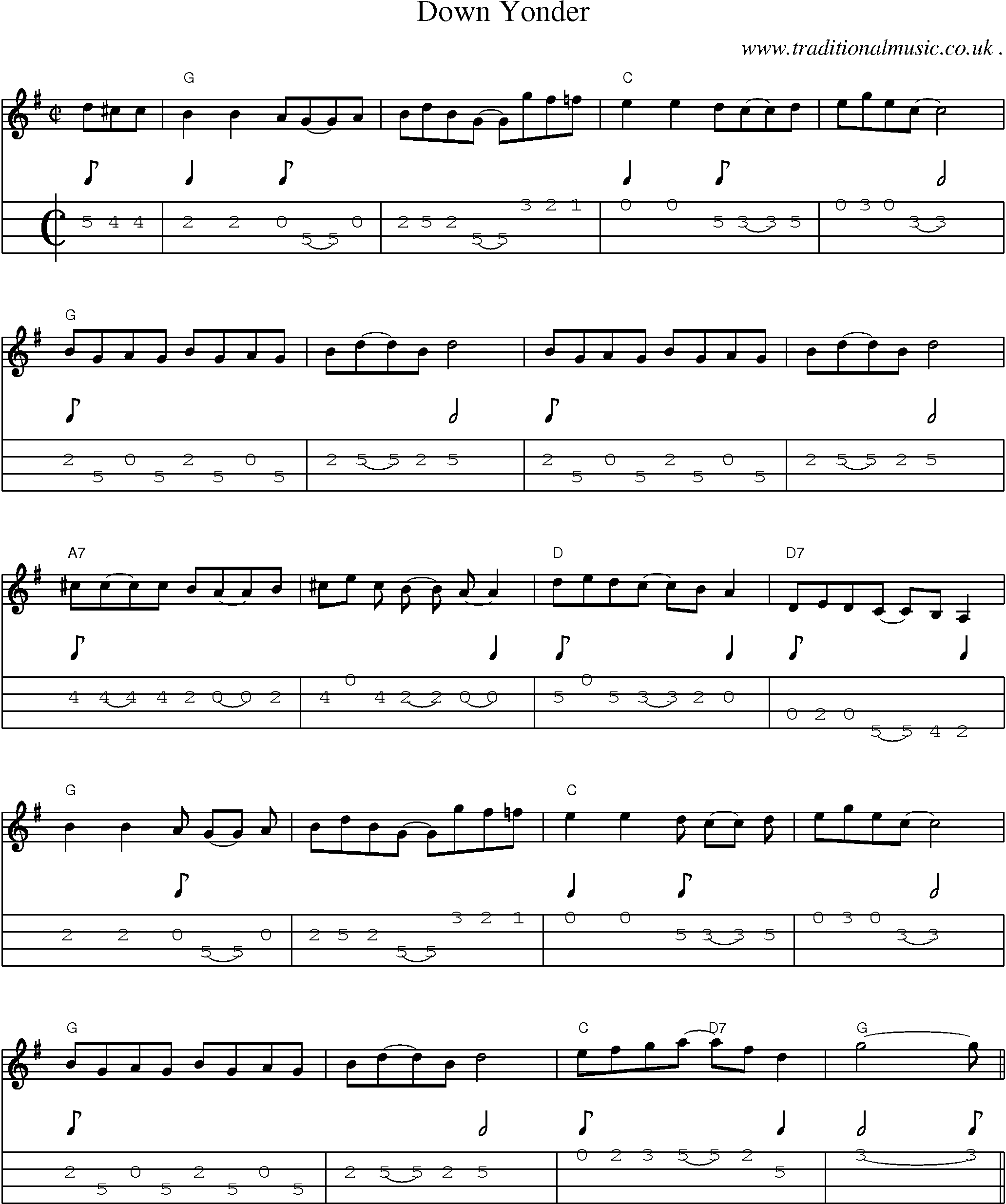 Music Score and Guitar Tabs for Down Yonder