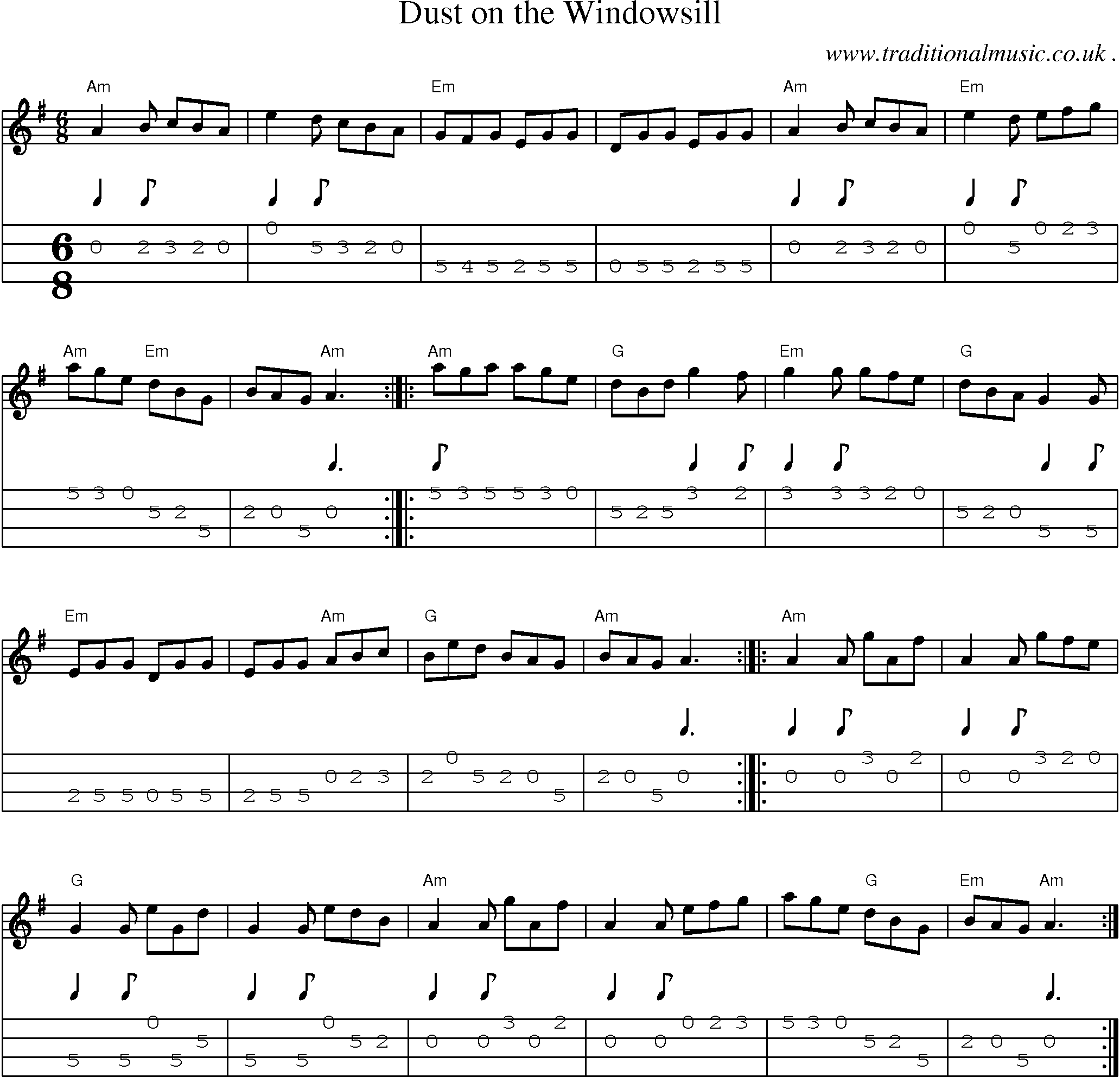 Music Score and Guitar Tabs for Dust On The Windowsill