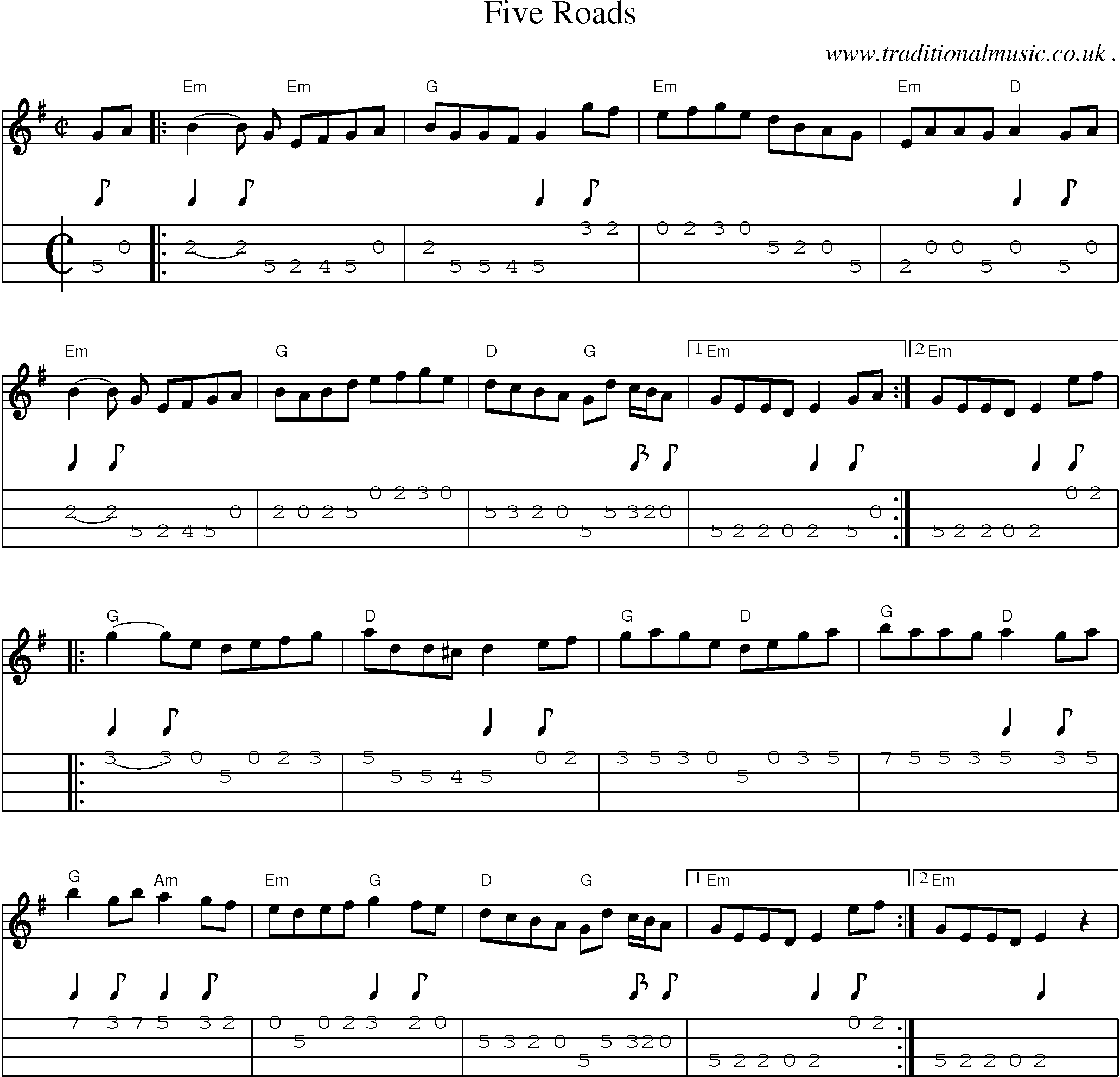 Music Score and Guitar Tabs for Five Roads