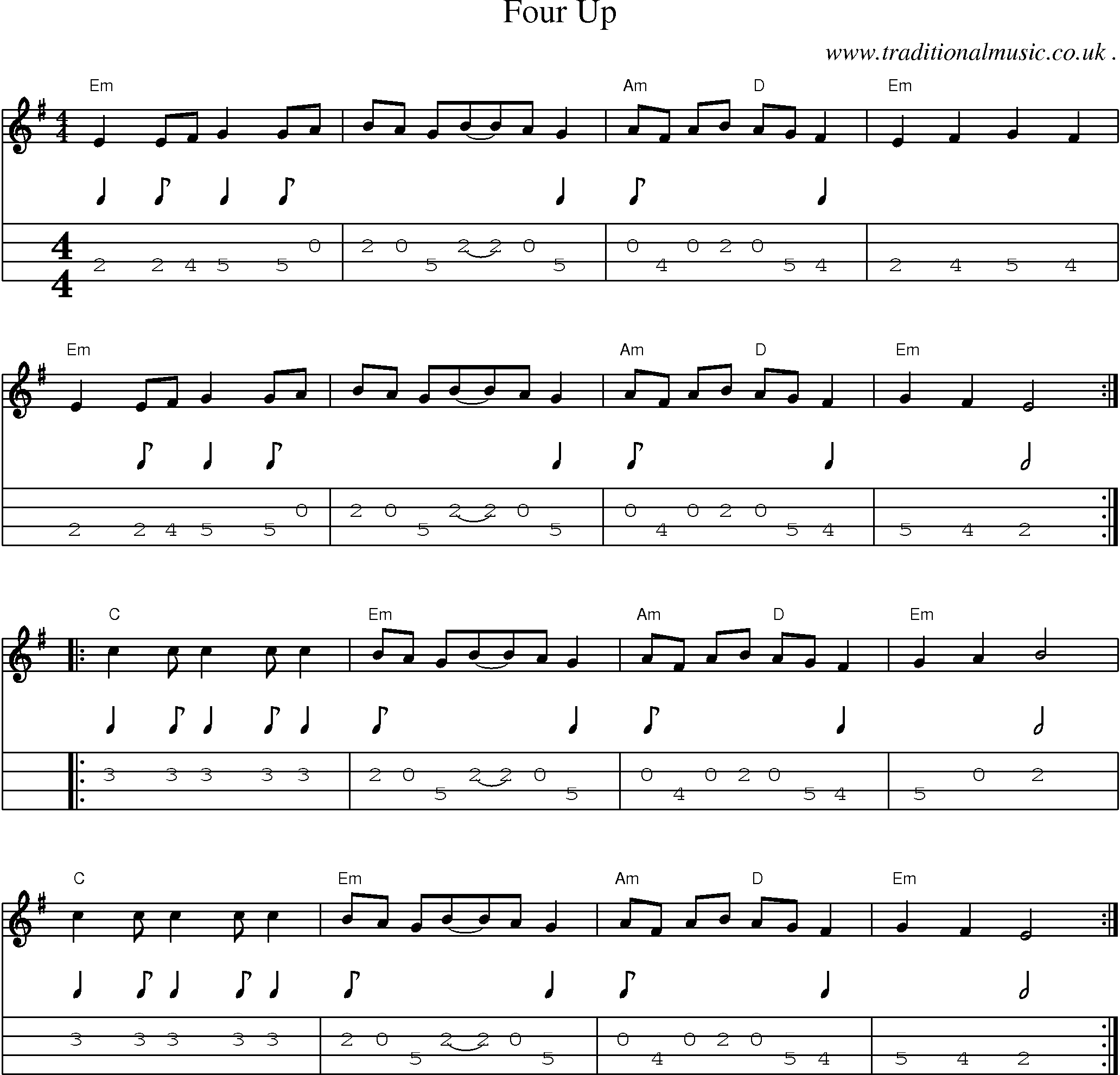 Music Score and Guitar Tabs for Four Up