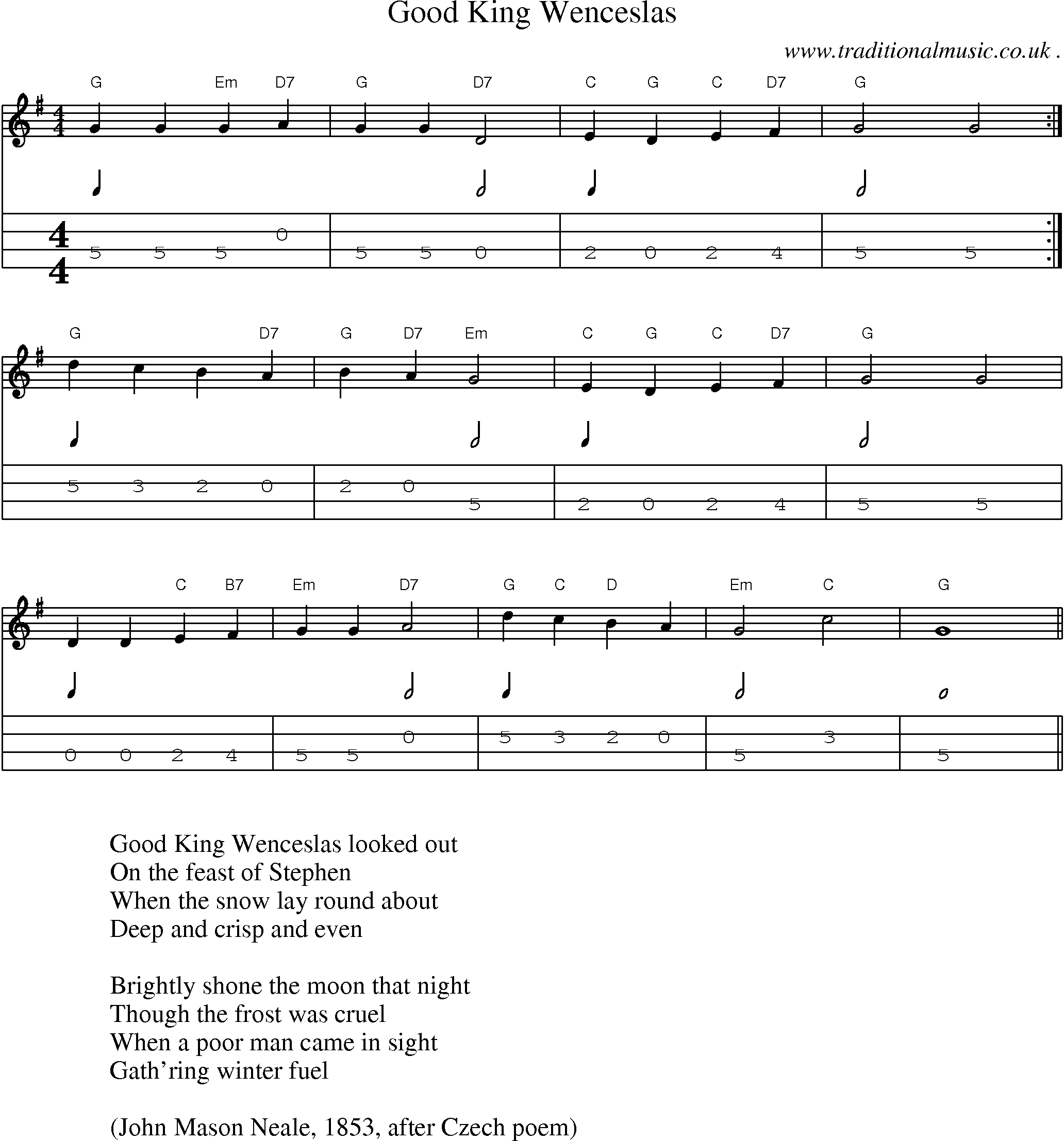 Music Score and Guitar Tabs for Good King Wenceslas