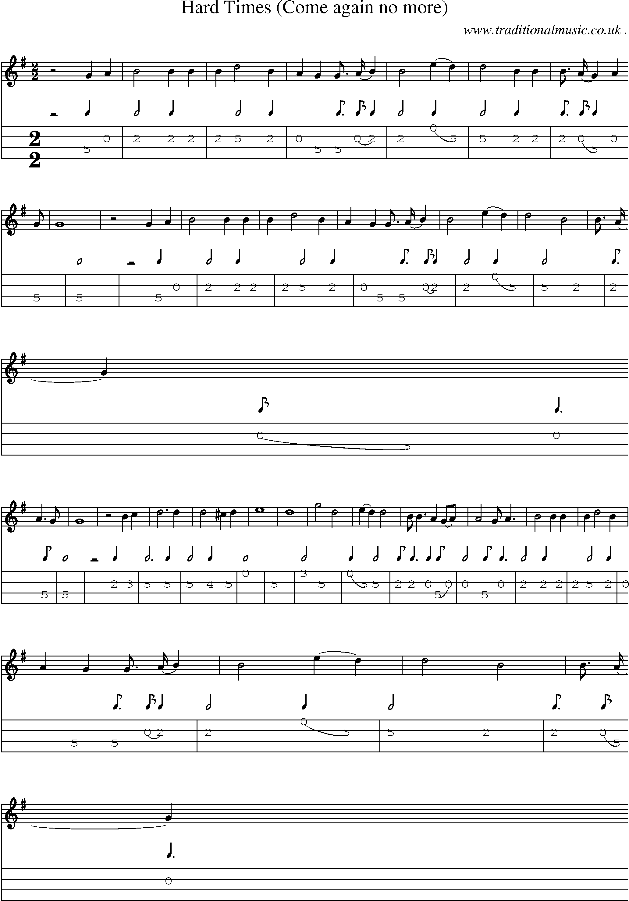Music Score and Guitar Tabs for Hard Times (come Again No More)
