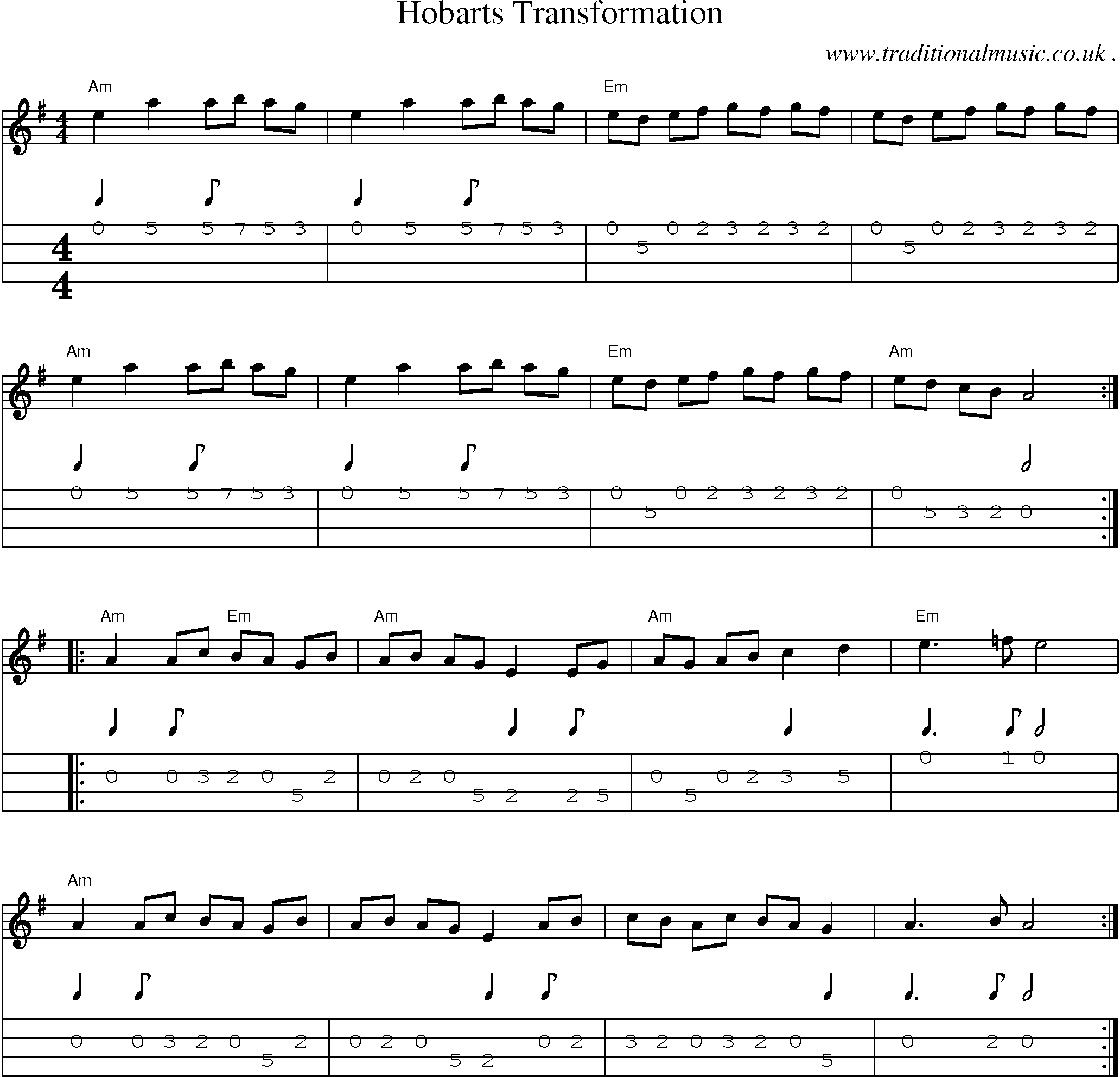 Music Score and Guitar Tabs for Hobarts Transformation