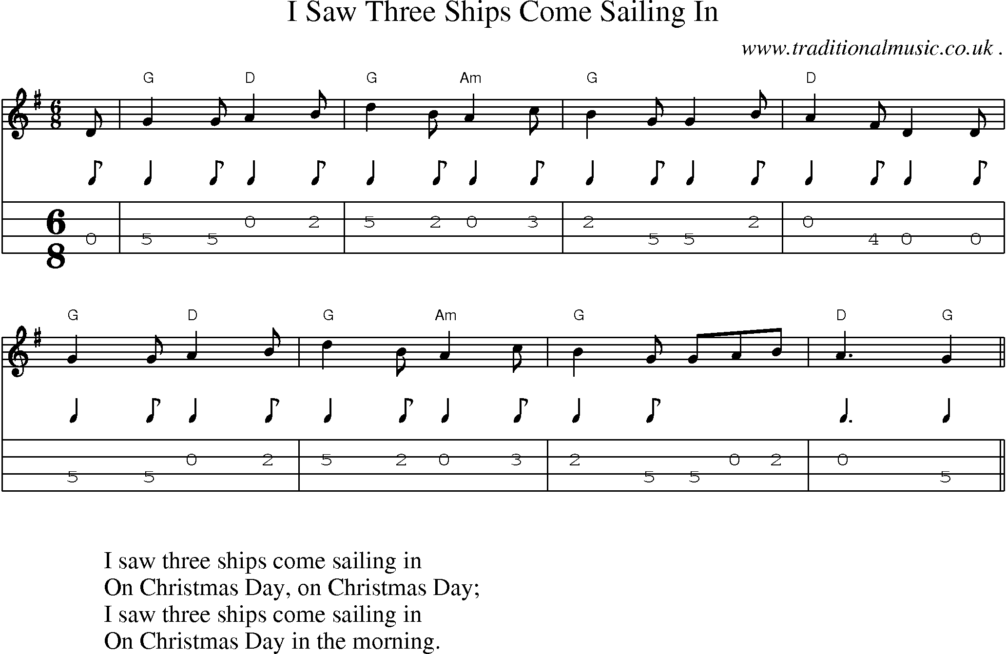 Music Score and Guitar Tabs for I Saw Three Ships Come Sailing In