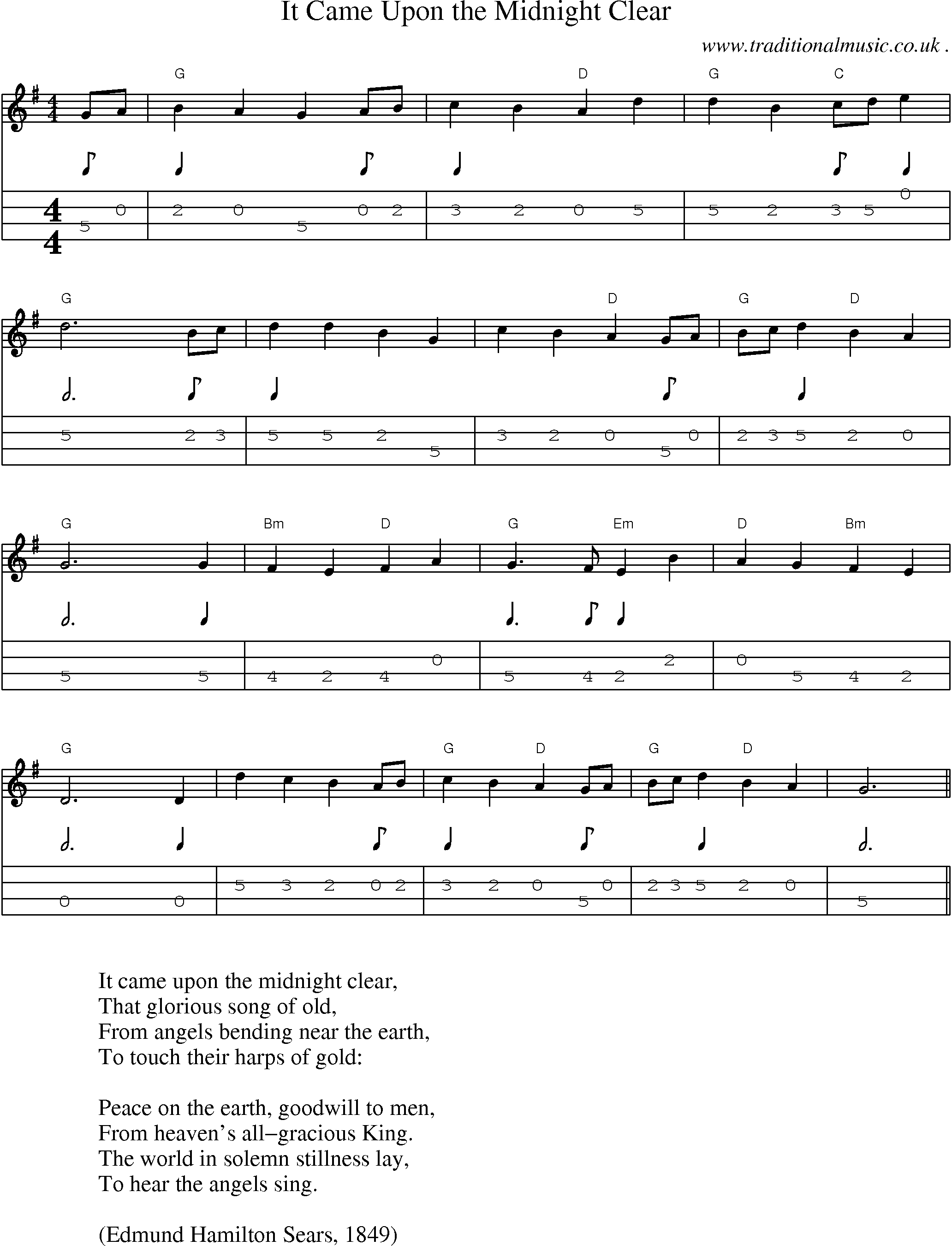 Music Score and Guitar Tabs for It Came Upon the Midnight Clear
