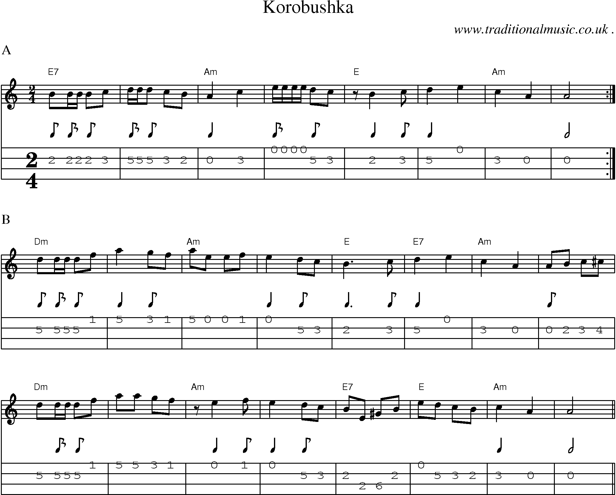 Music Score and Guitar Tabs for Korobushka
