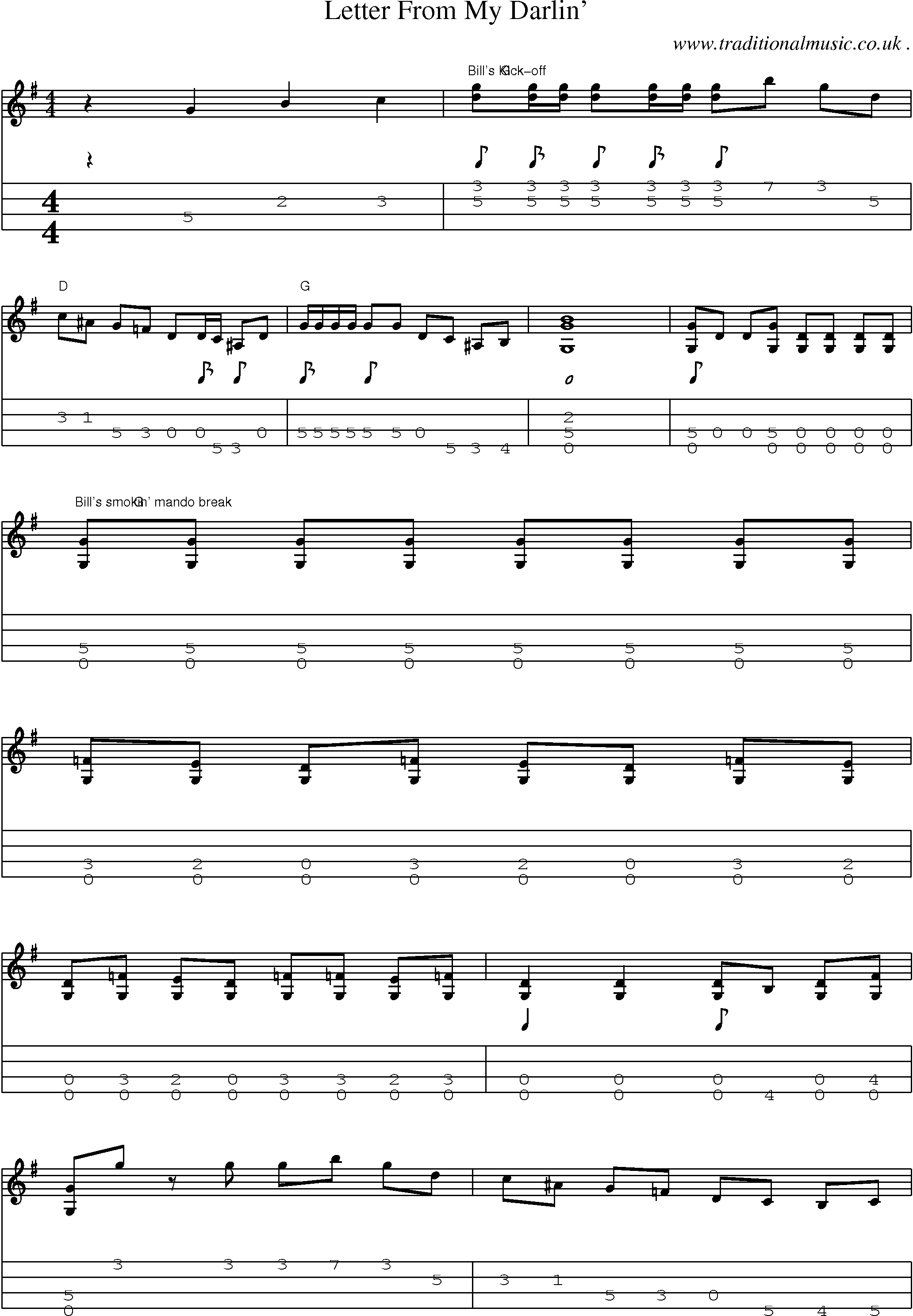 Music Score and Guitar Tabs for Letter From My Darlin