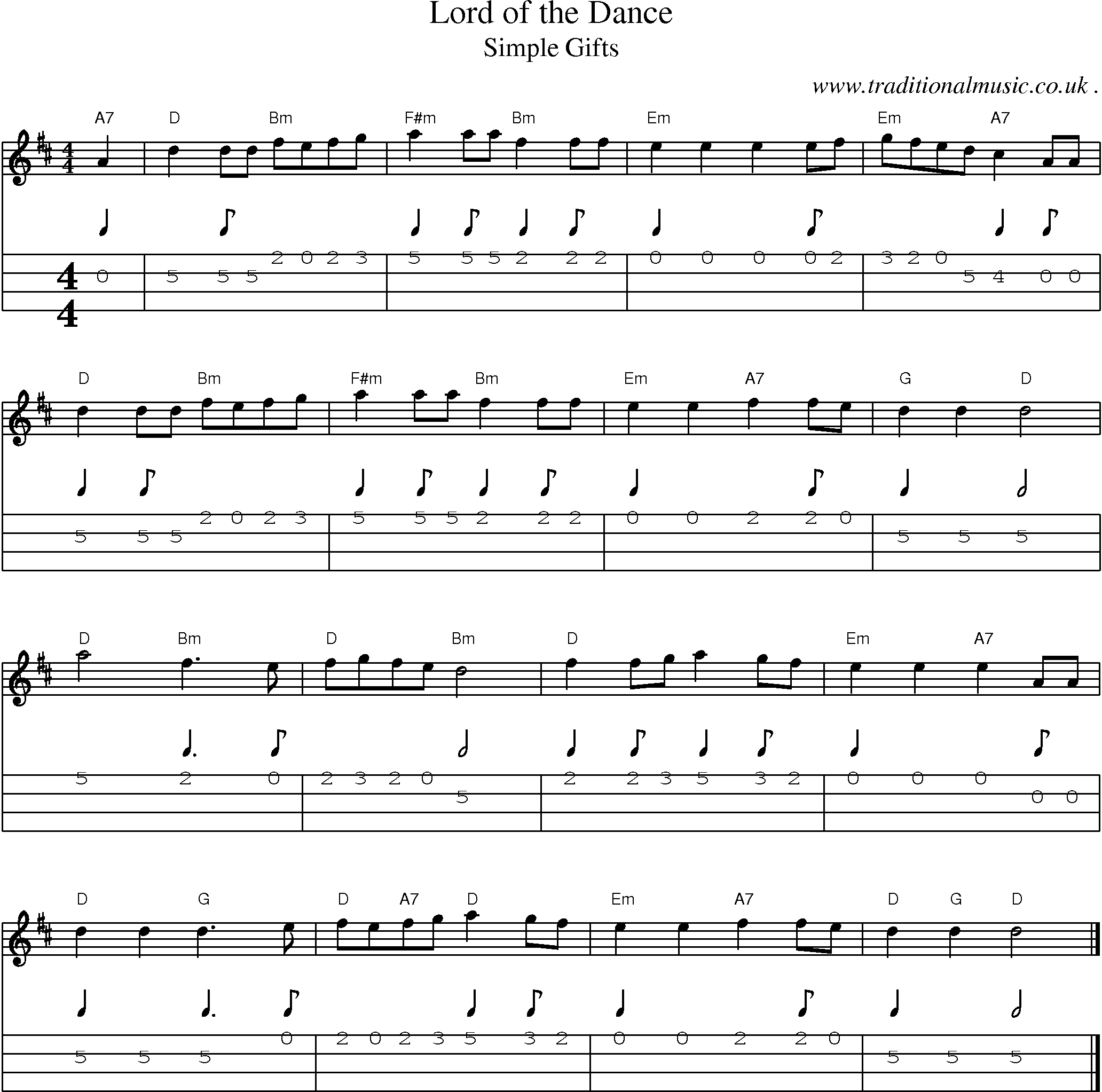 Music Score and Guitar Tabs for Lord of the Dance