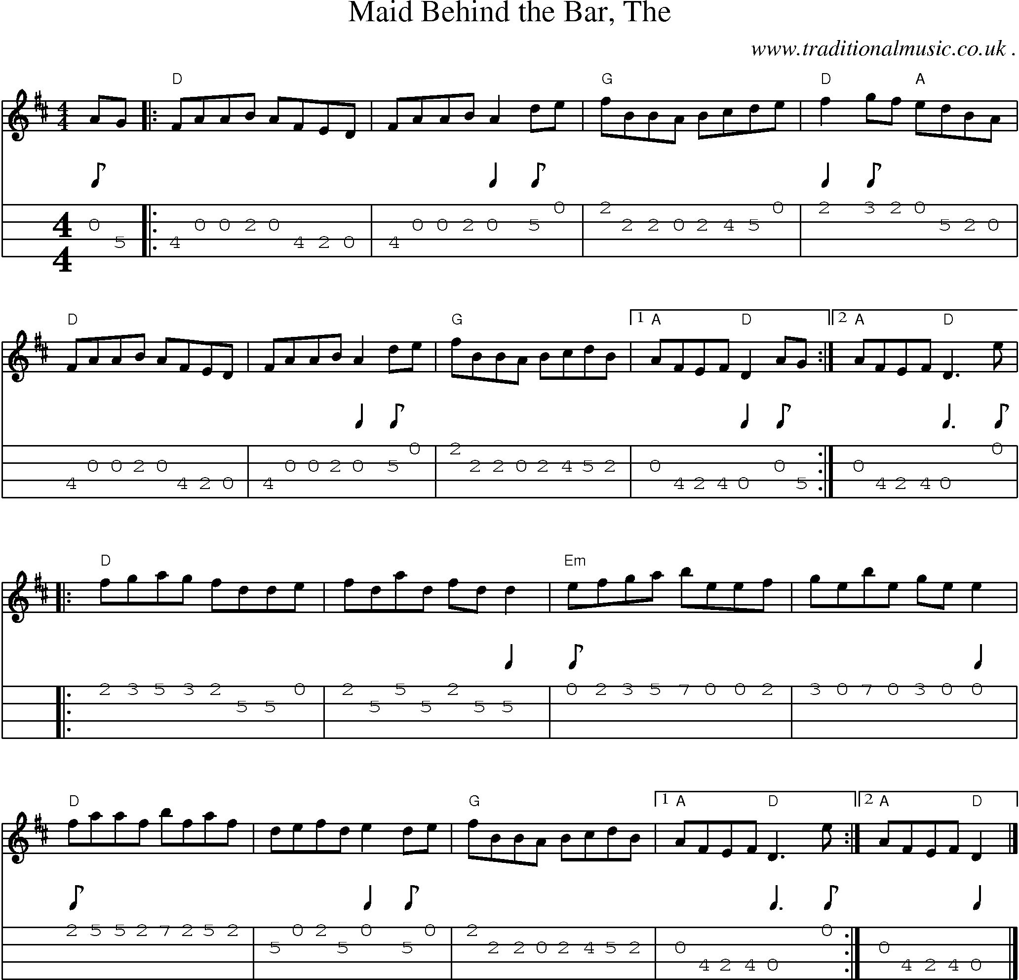 Music Score and Guitar Tabs for Maid Behind the Bar The