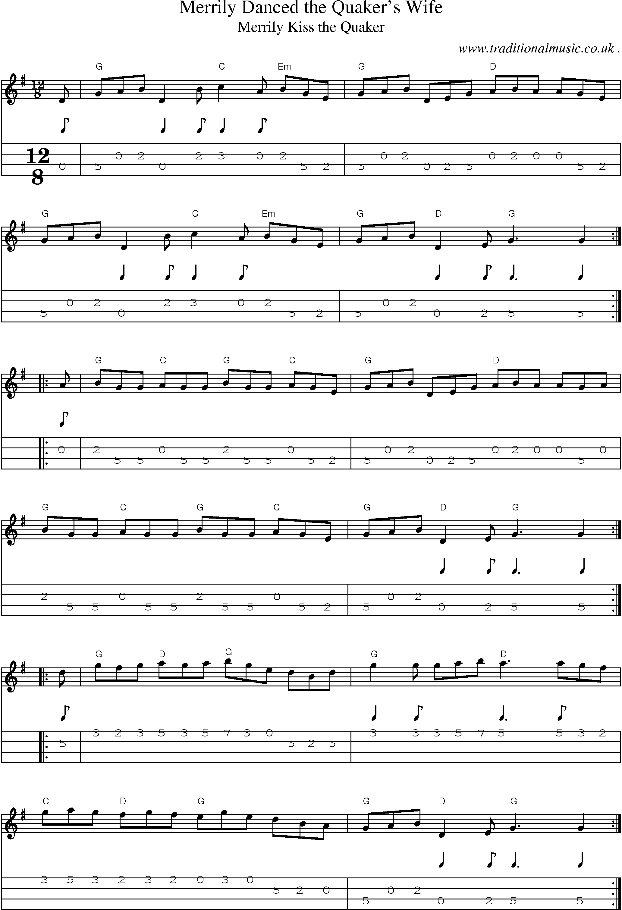 Music Score and Guitar Tabs for Merrily Danced the Quakers Wife