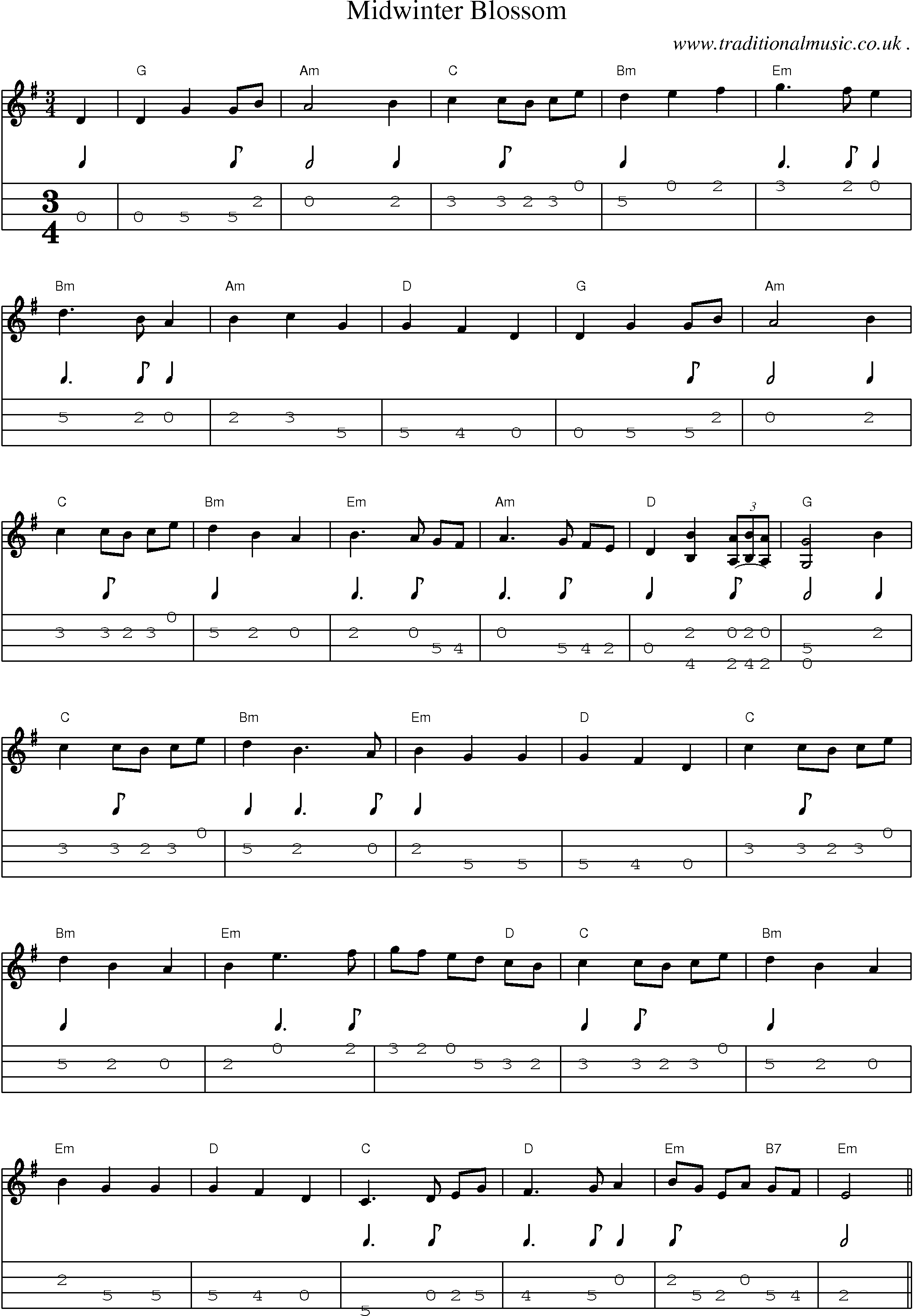 Music Score and Guitar Tabs for Midwinter Blossom