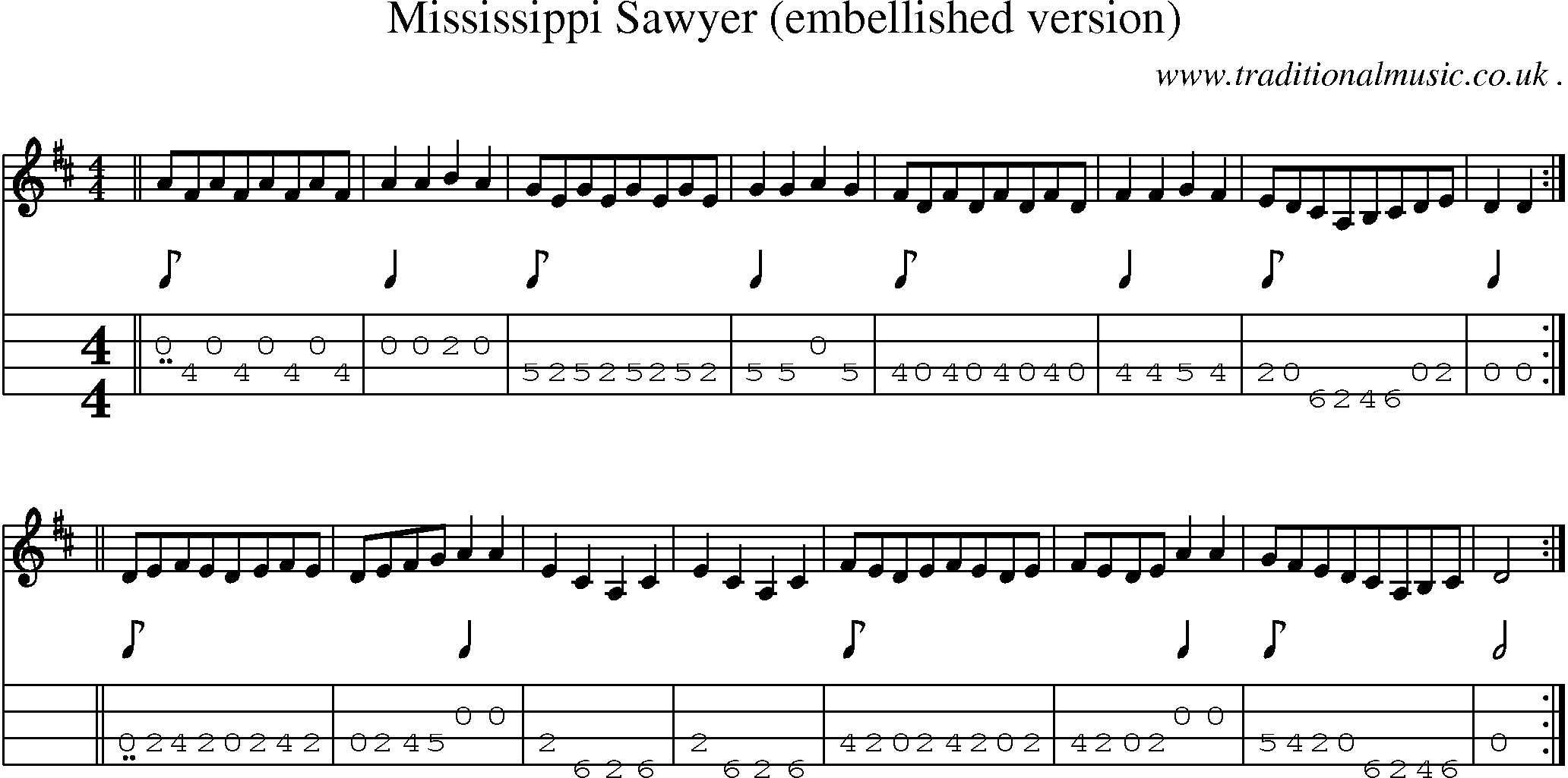 Music Score and Guitar Tabs for Mississippi Sawyer (embellished Version)