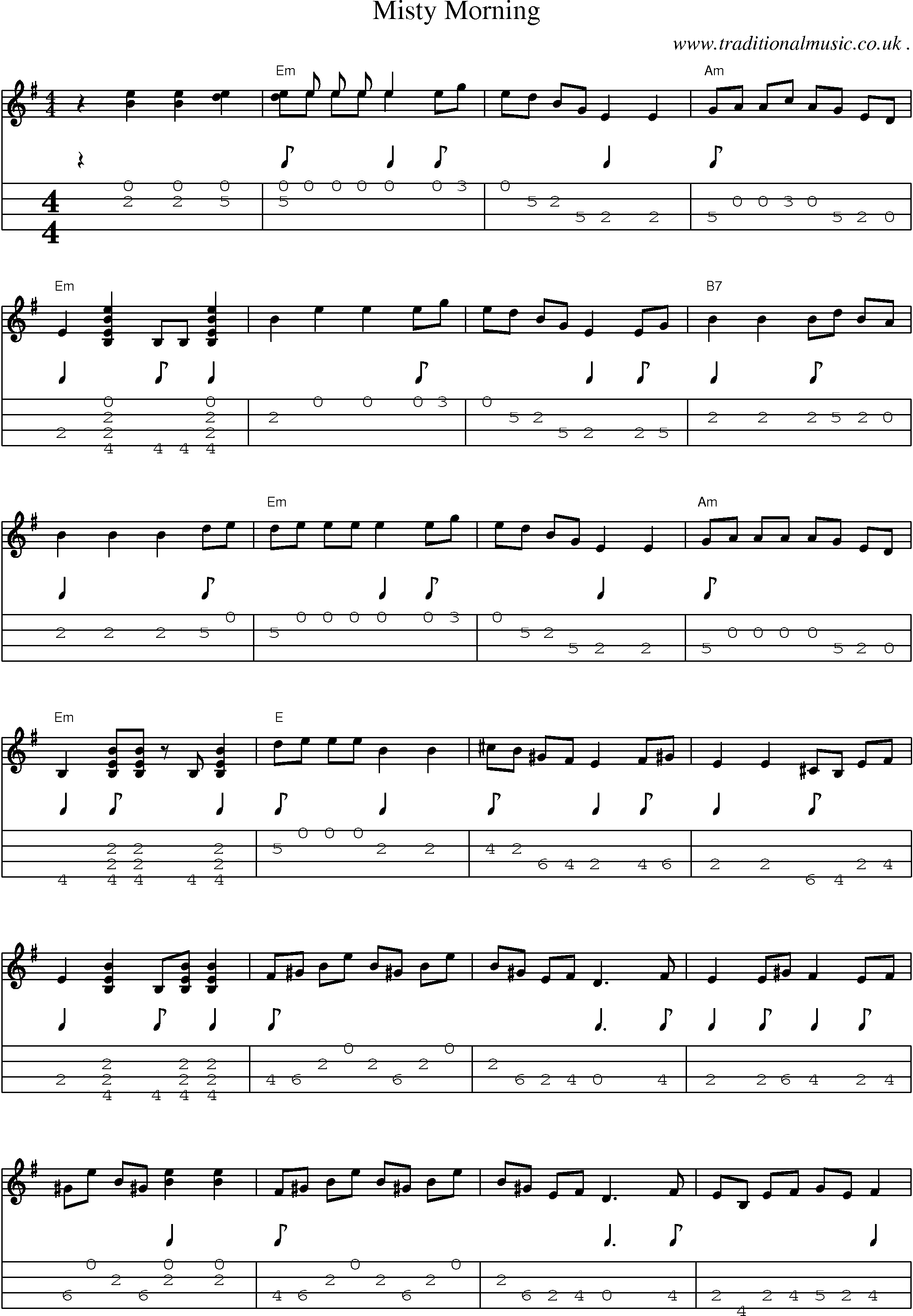 Music Score and Guitar Tabs for Misty Morning