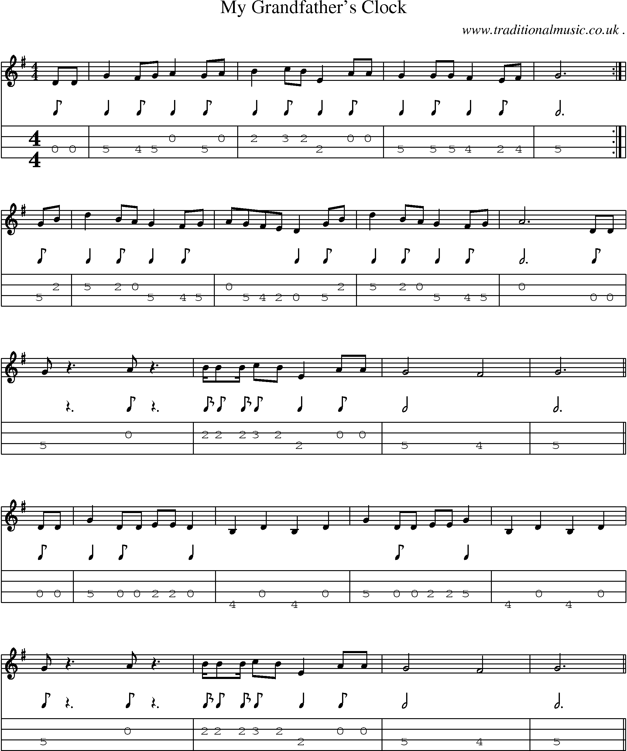 Music Score and Guitar Tabs for My Grandfathers Clock