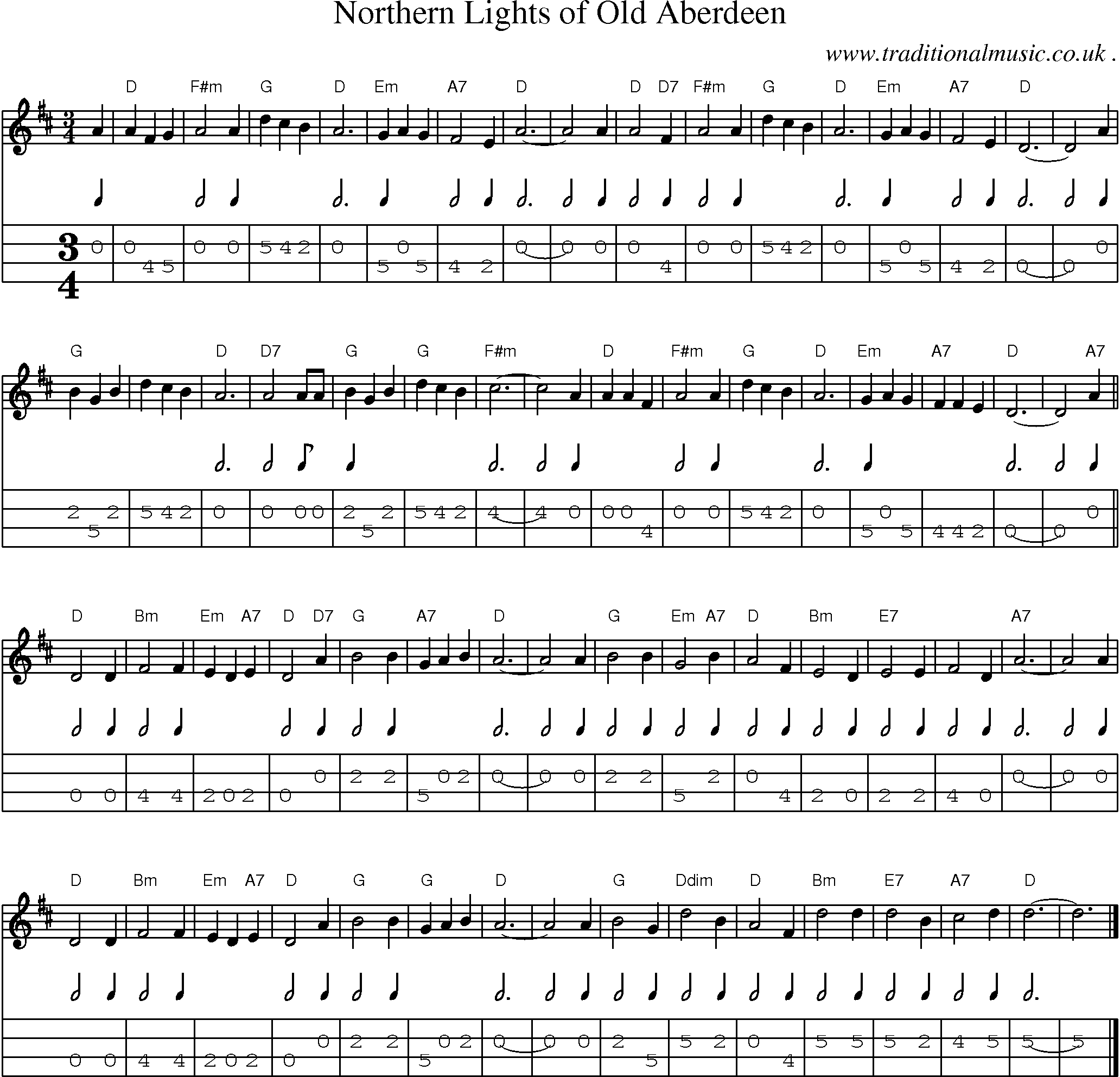 Music Score and Guitar Tabs for Northern Lights of Old Aberdeen