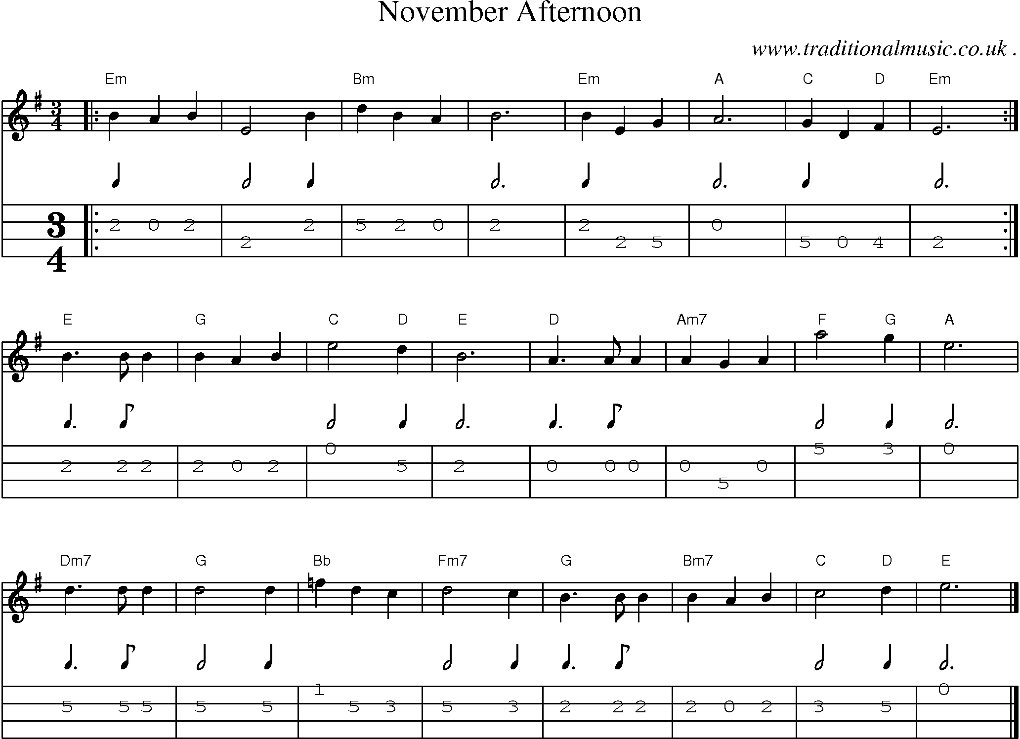 Music Score and Guitar Tabs for November Afternoon