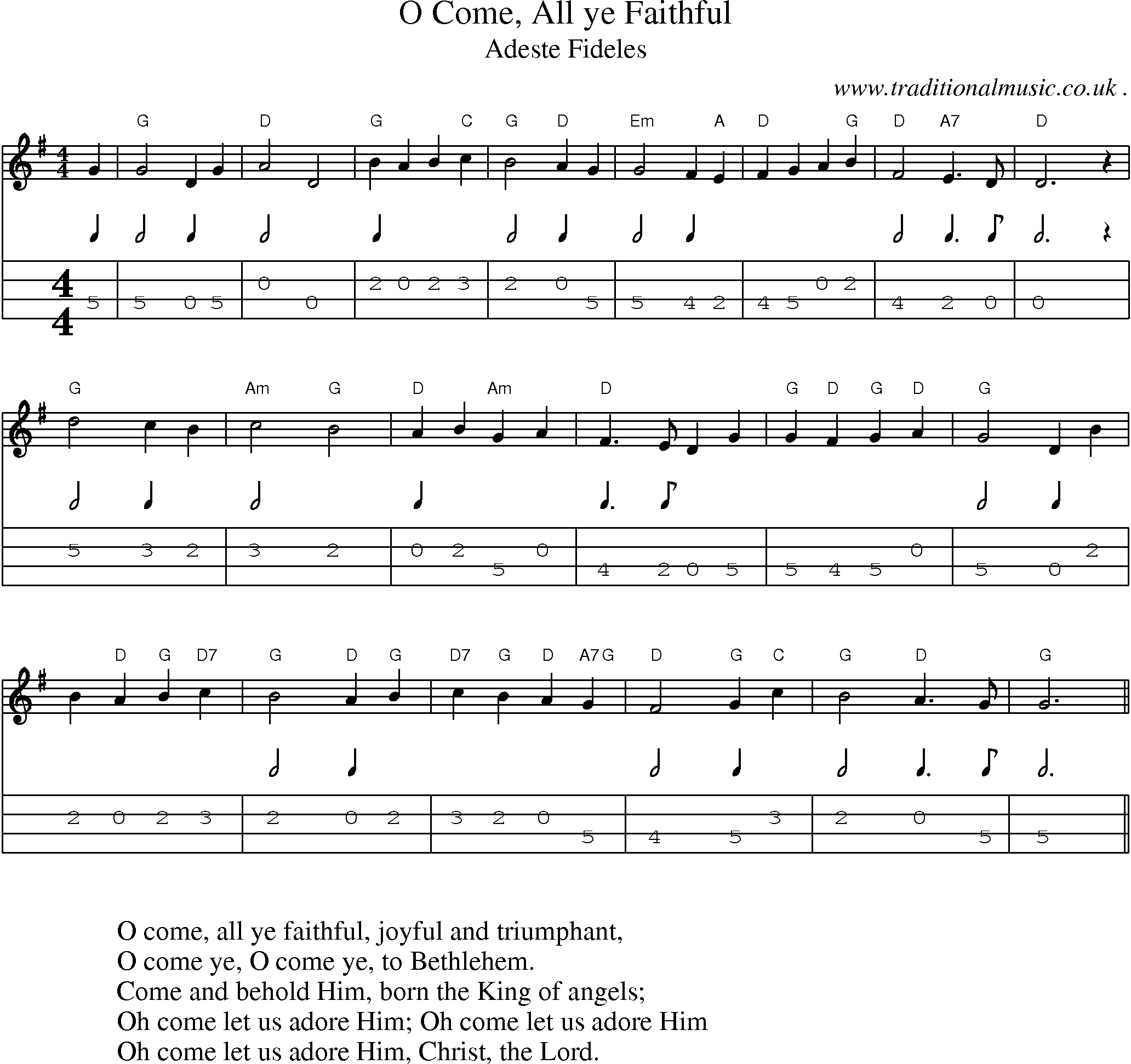 Music Score and Guitar Tabs for O Come All ye Faithful