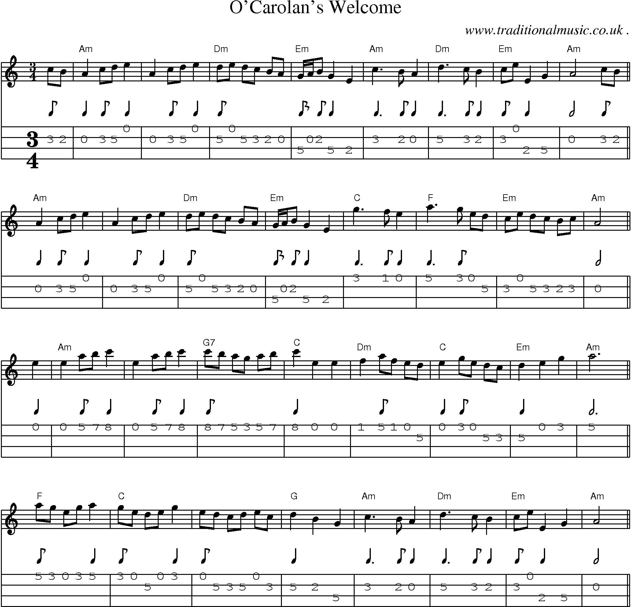Music Score and Guitar Tabs for OCarolans Welcome