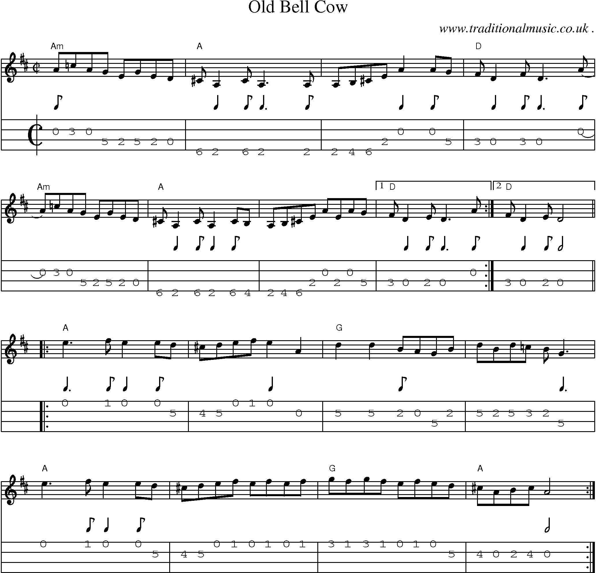 Music Score and Guitar Tabs for Old Bell Cow