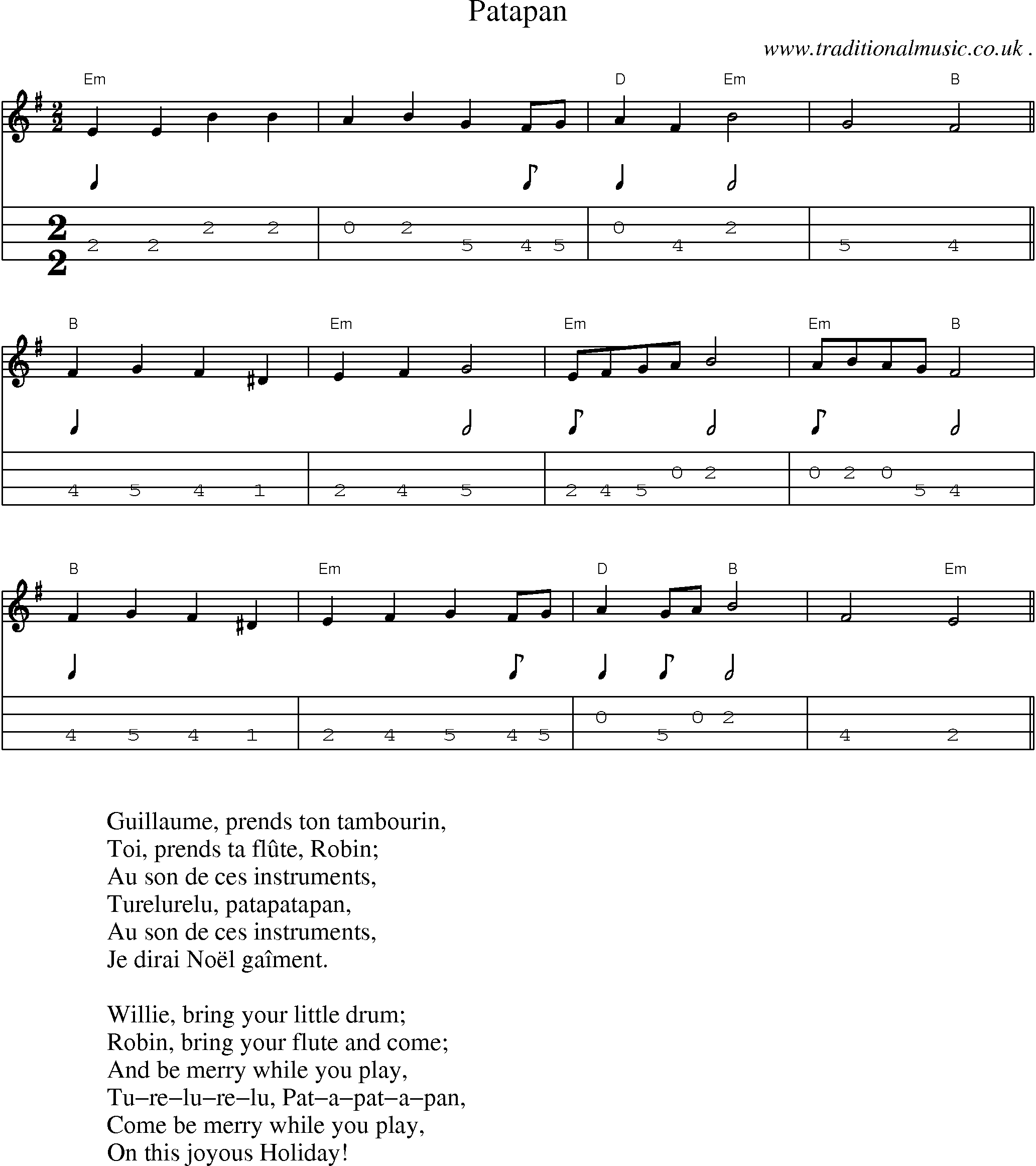 Music Score and Guitar Tabs for Patapan