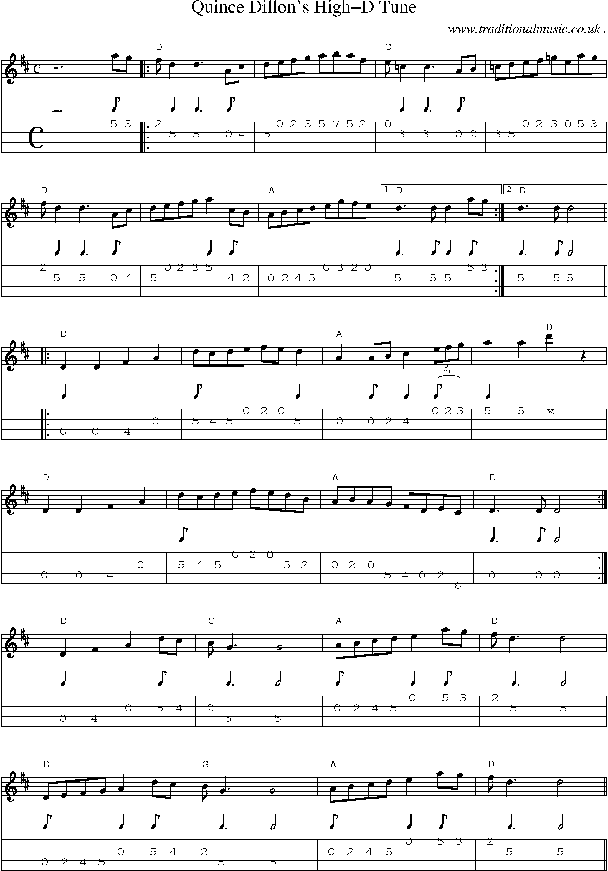 Music Score and Guitar Tabs for Quince Dillons High-d Tune