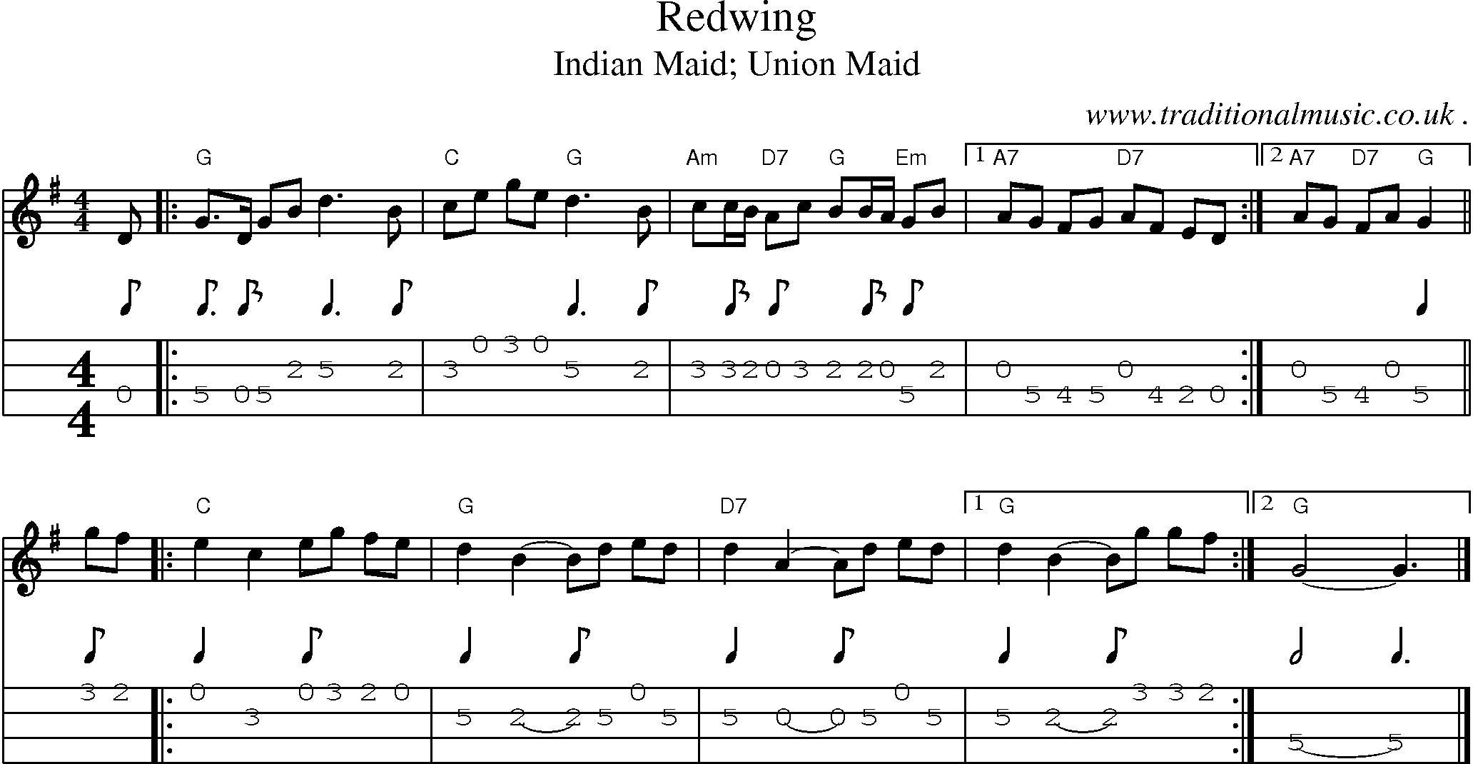 Music Score and Guitar Tabs for Redwing