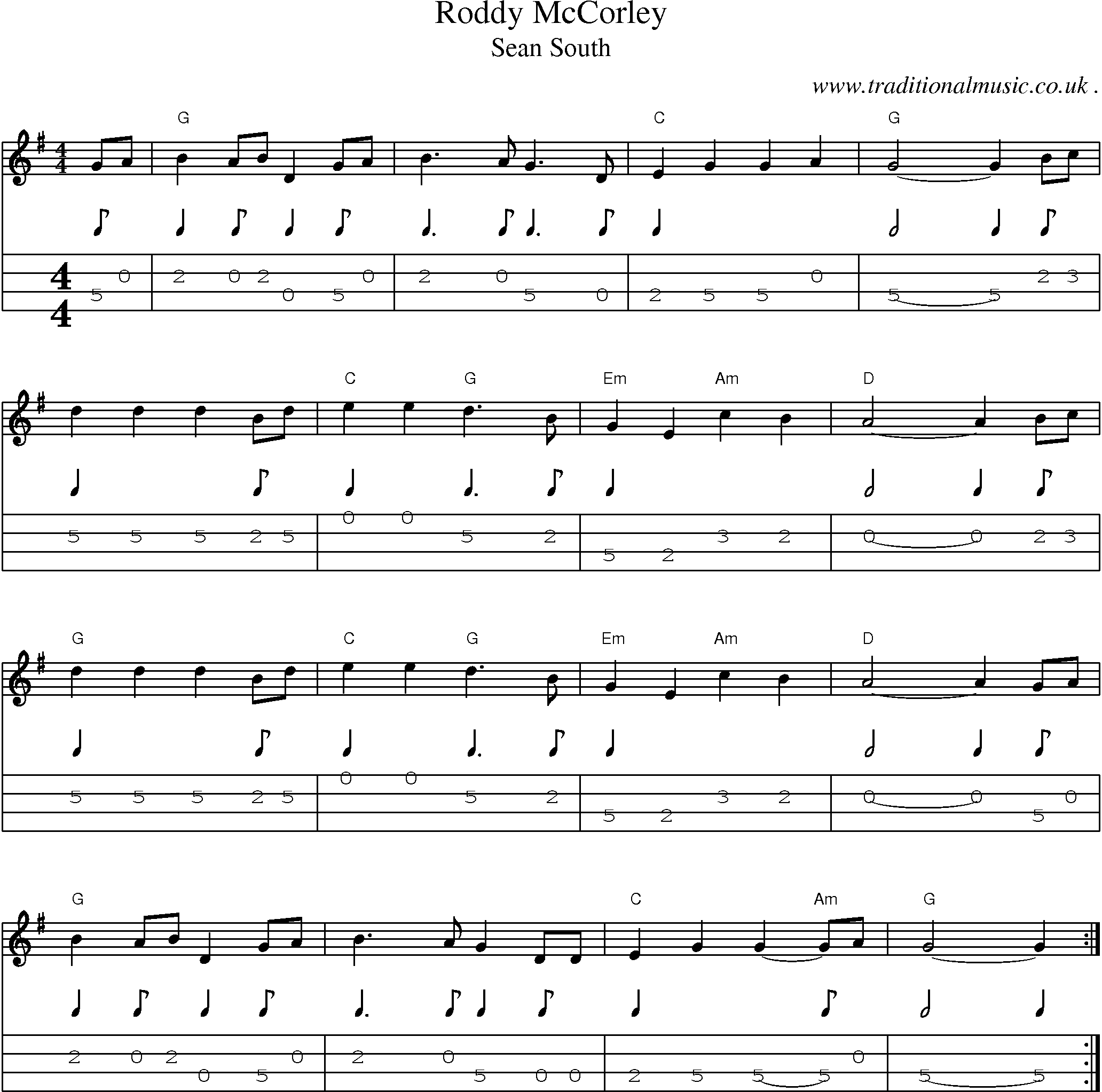 Music Score and Guitar Tabs for Roddy McCorley