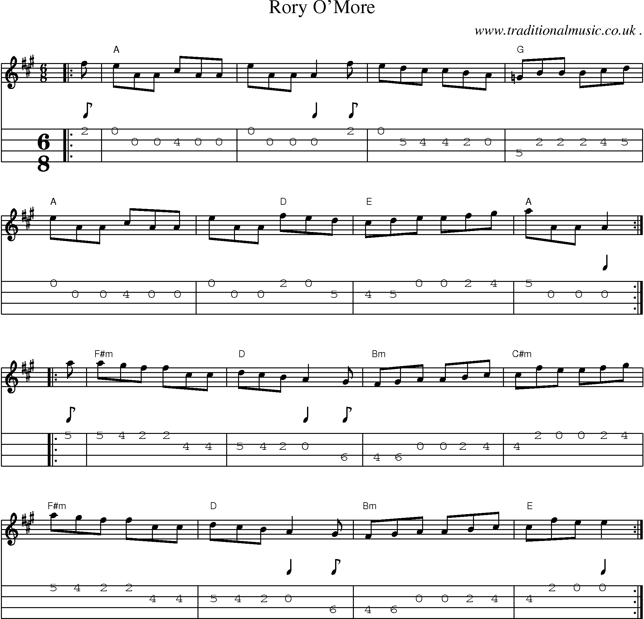 Music Score and Guitar Tabs for Rory Omore