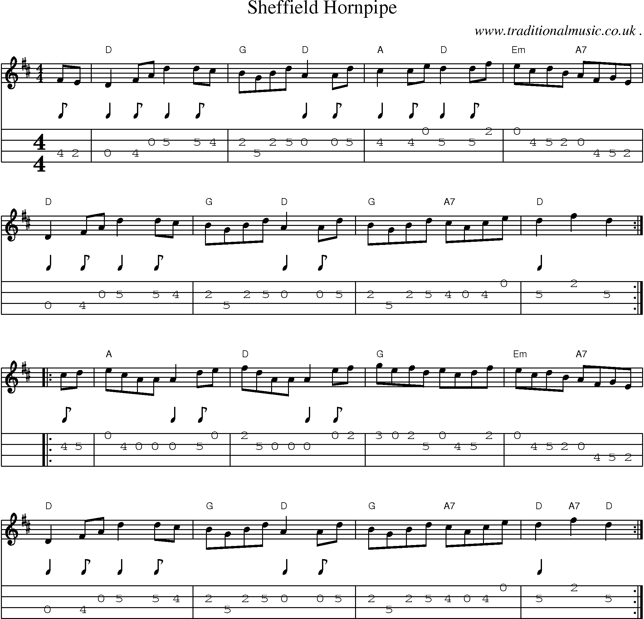 Music Score and Guitar Tabs for Sheffield Hornpipe