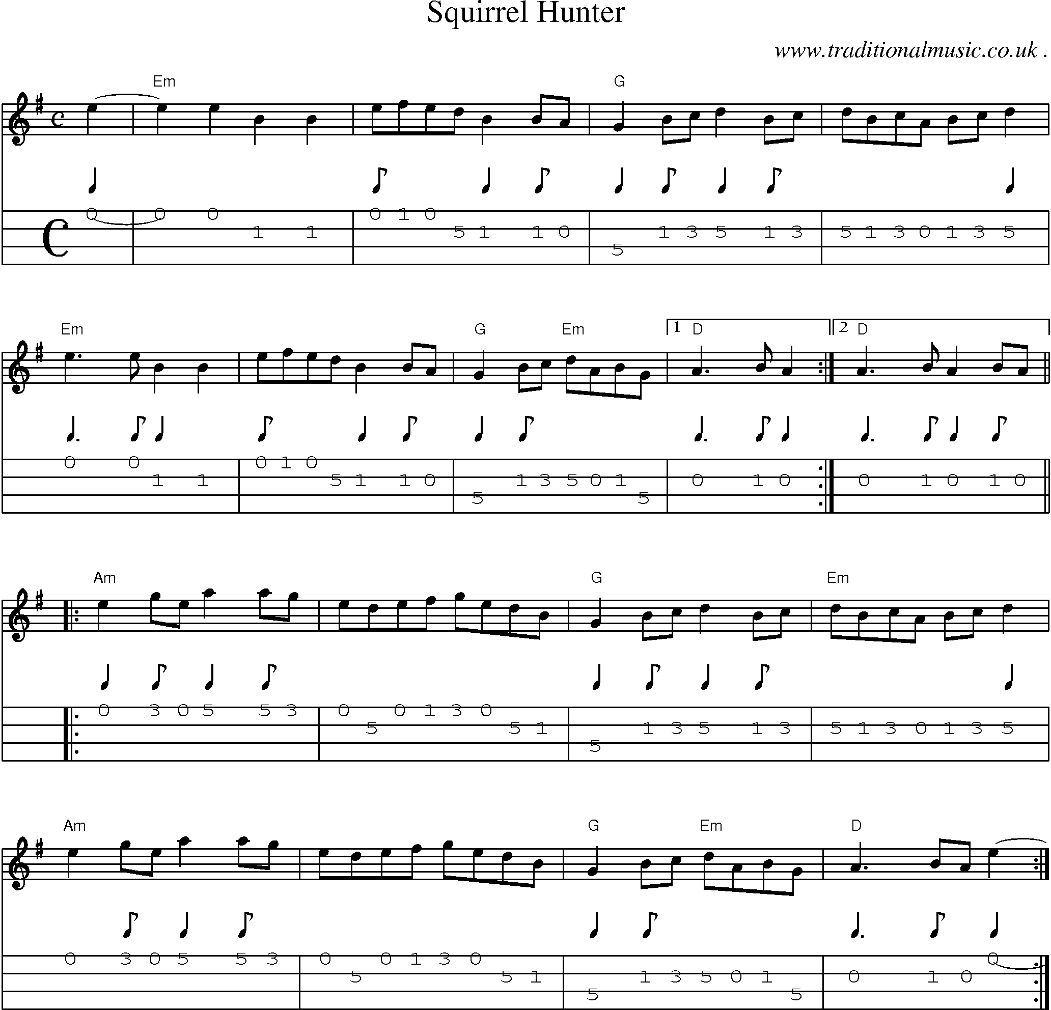 Music Score and Guitar Tabs for Squirrel Hunter