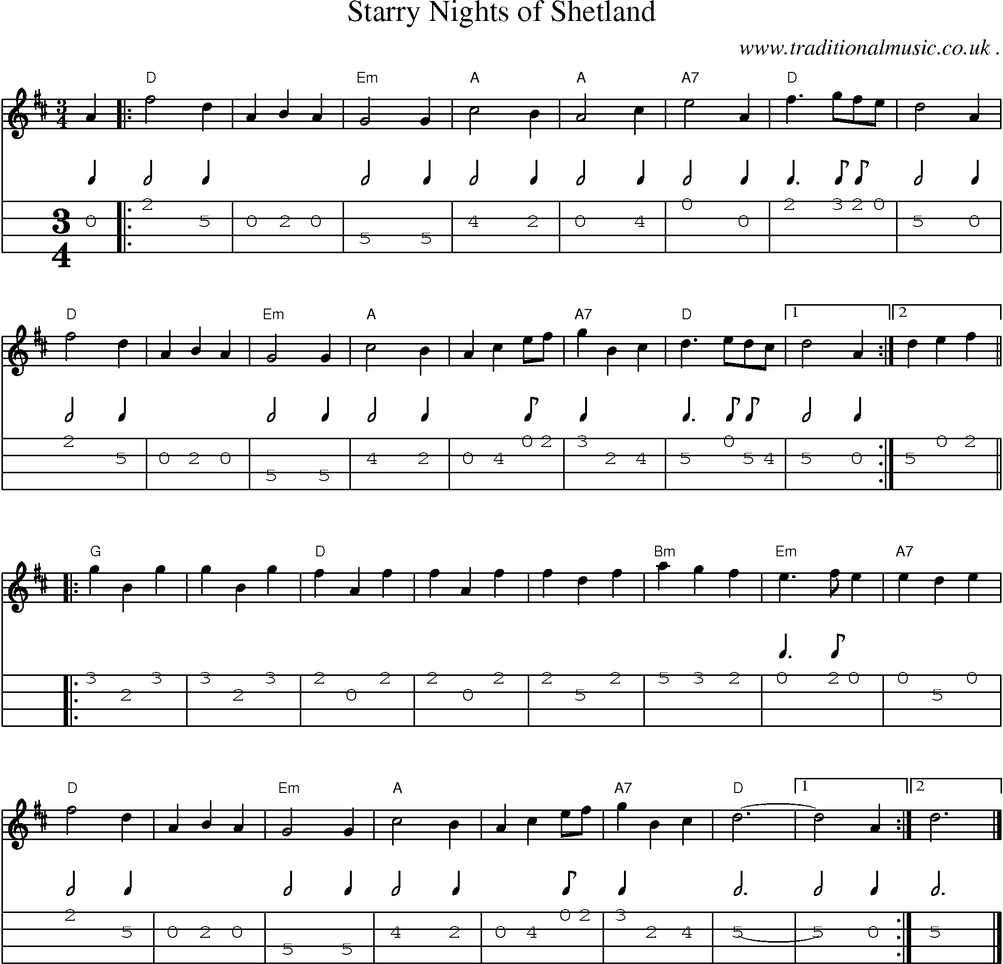 Music Score and Guitar Tabs for Starry Nights of Shetland