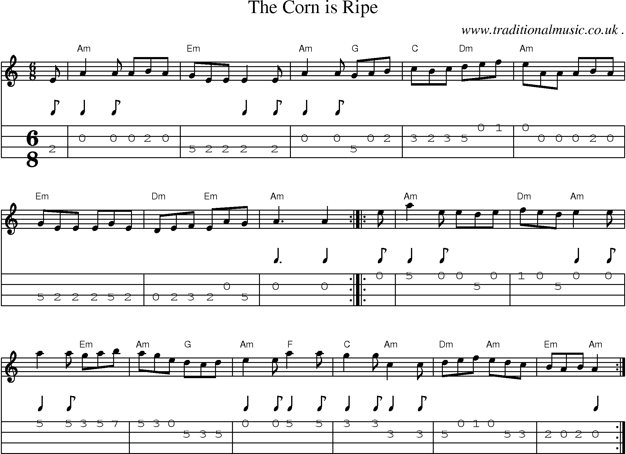 Music Score and Guitar Tabs for The Corn Is Ripe