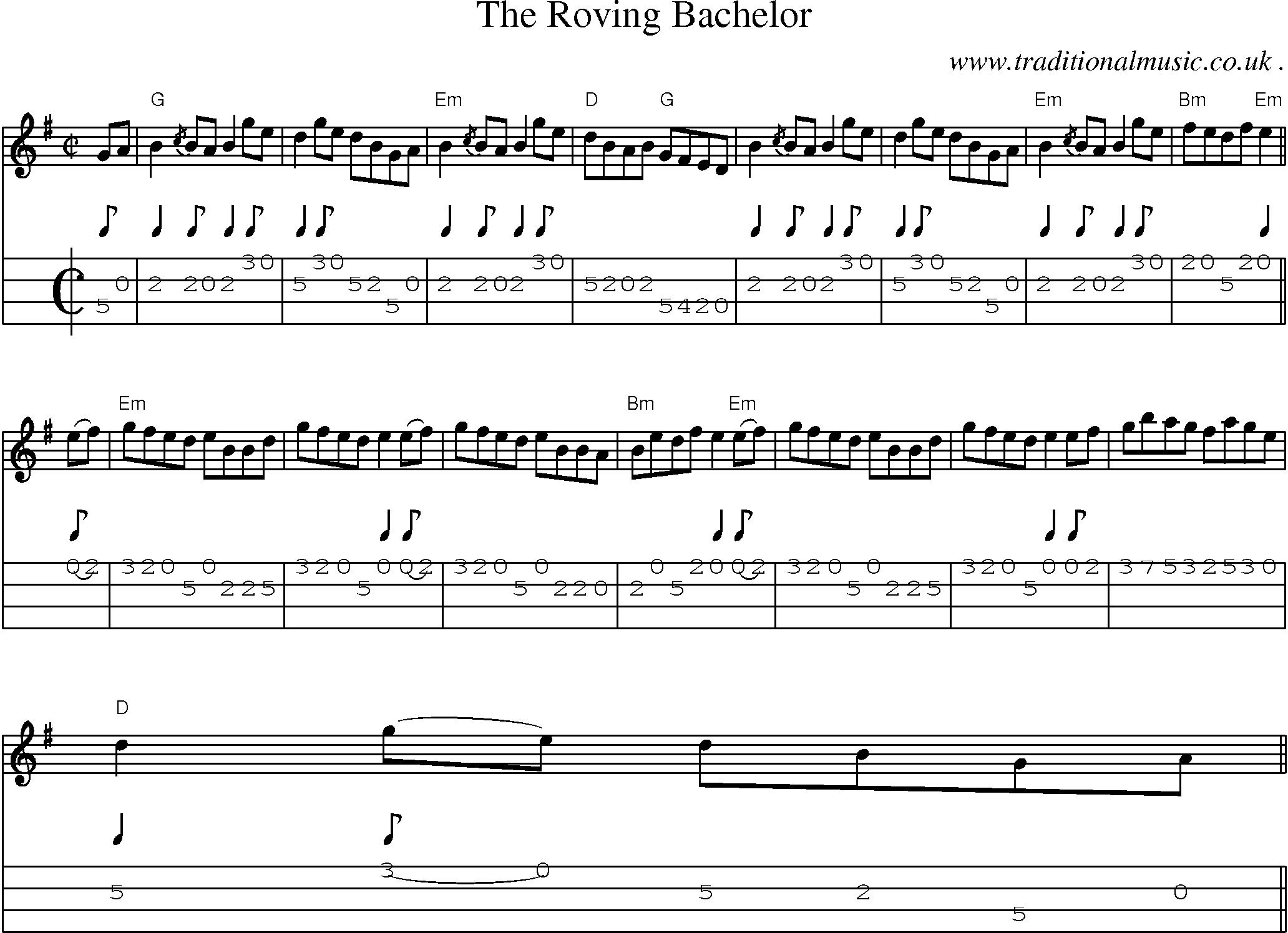 Music Score and Guitar Tabs for The Roving Bachelor