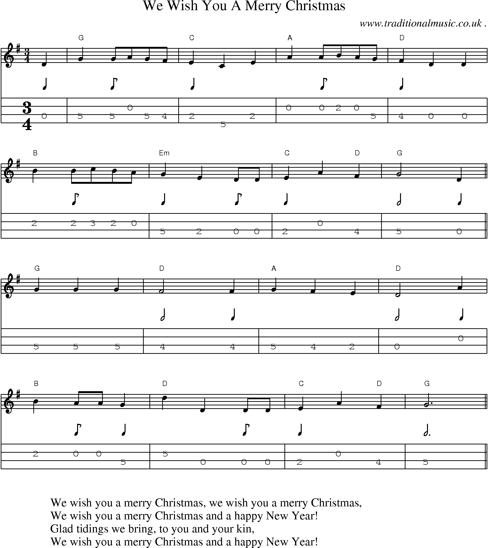 Music Score and Guitar Tabs for We Wish You A Merry Christmas