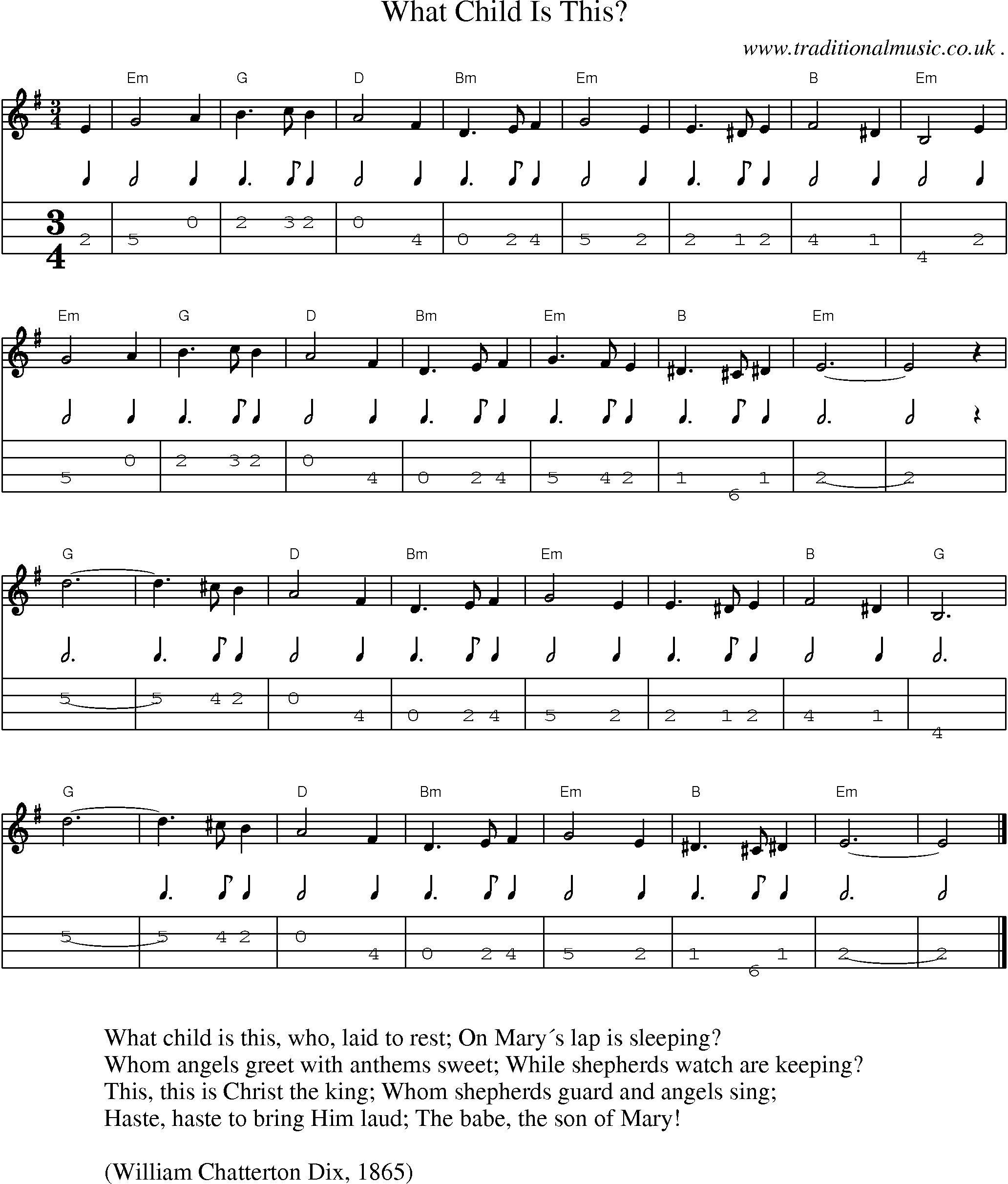 Music Score and Guitar Tabs for What Child Is This