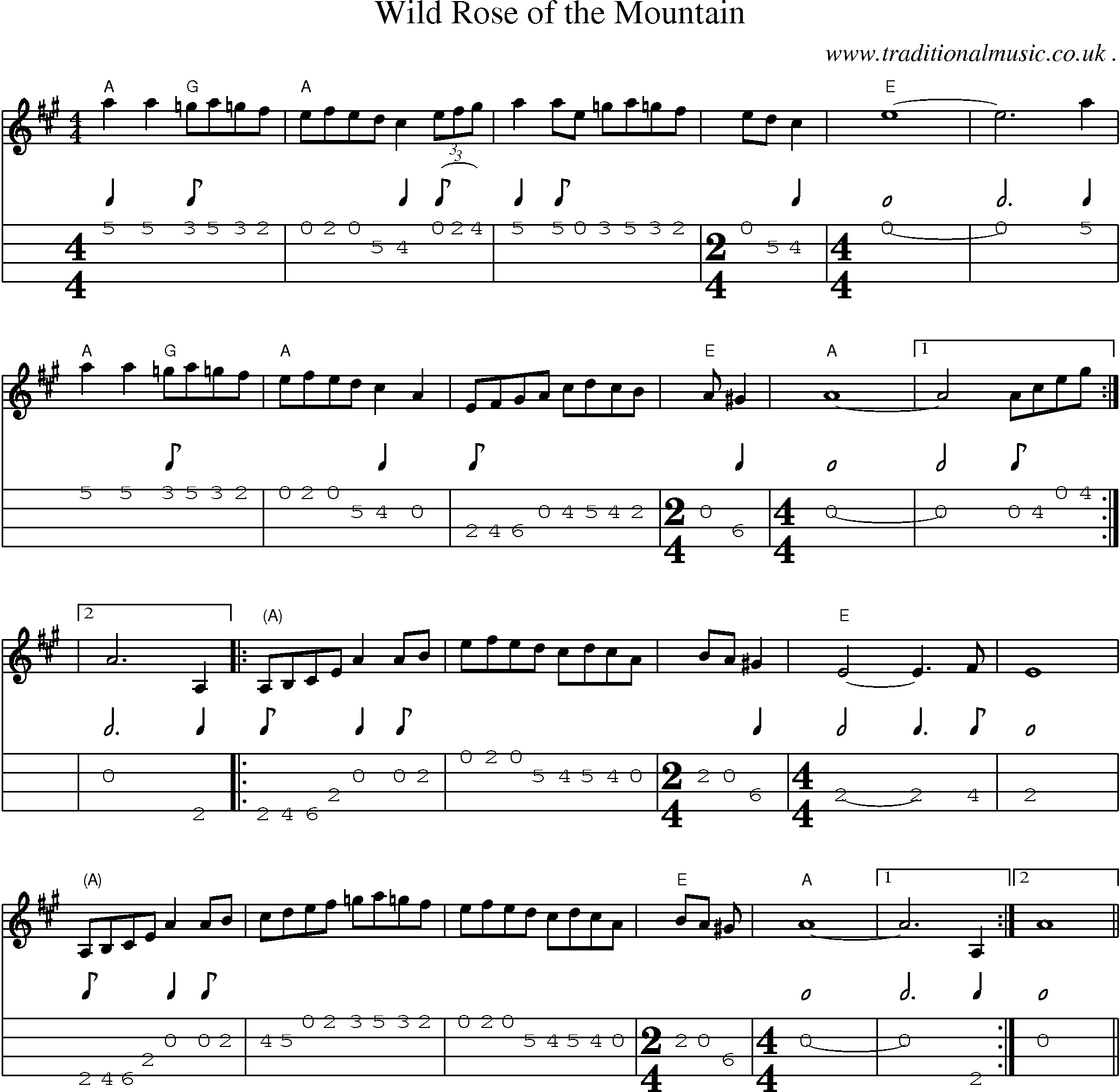 Music Score and Guitar Tabs for Wild Rose Of The Mountain