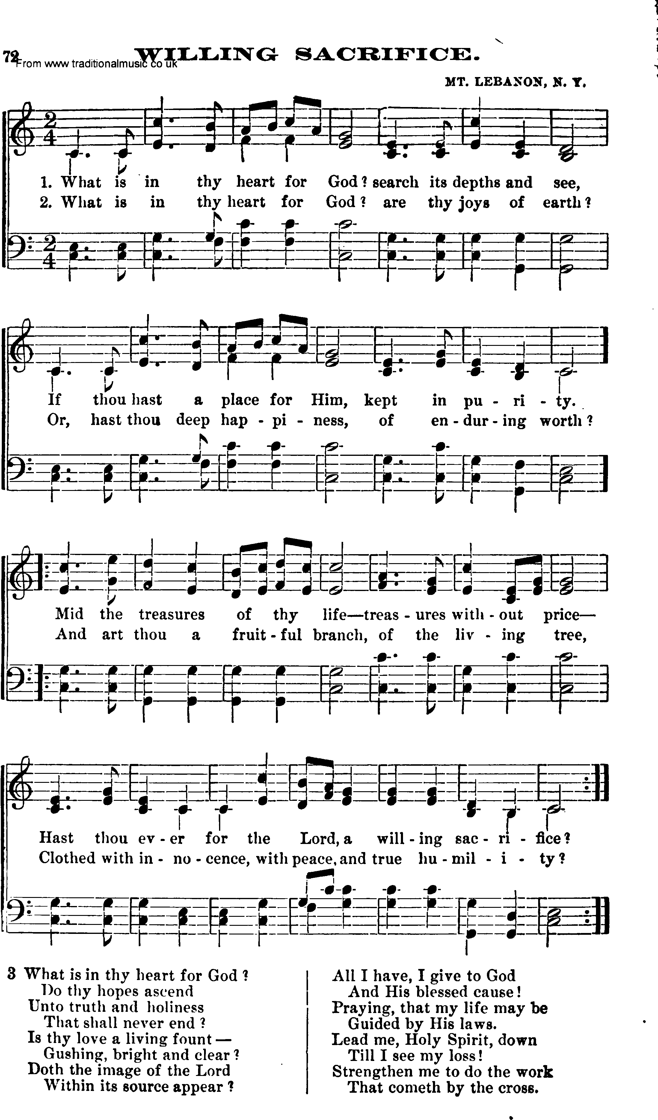 Shaker Music collection, Hymn: Willing Sacrifice, sheetmusic and PDF