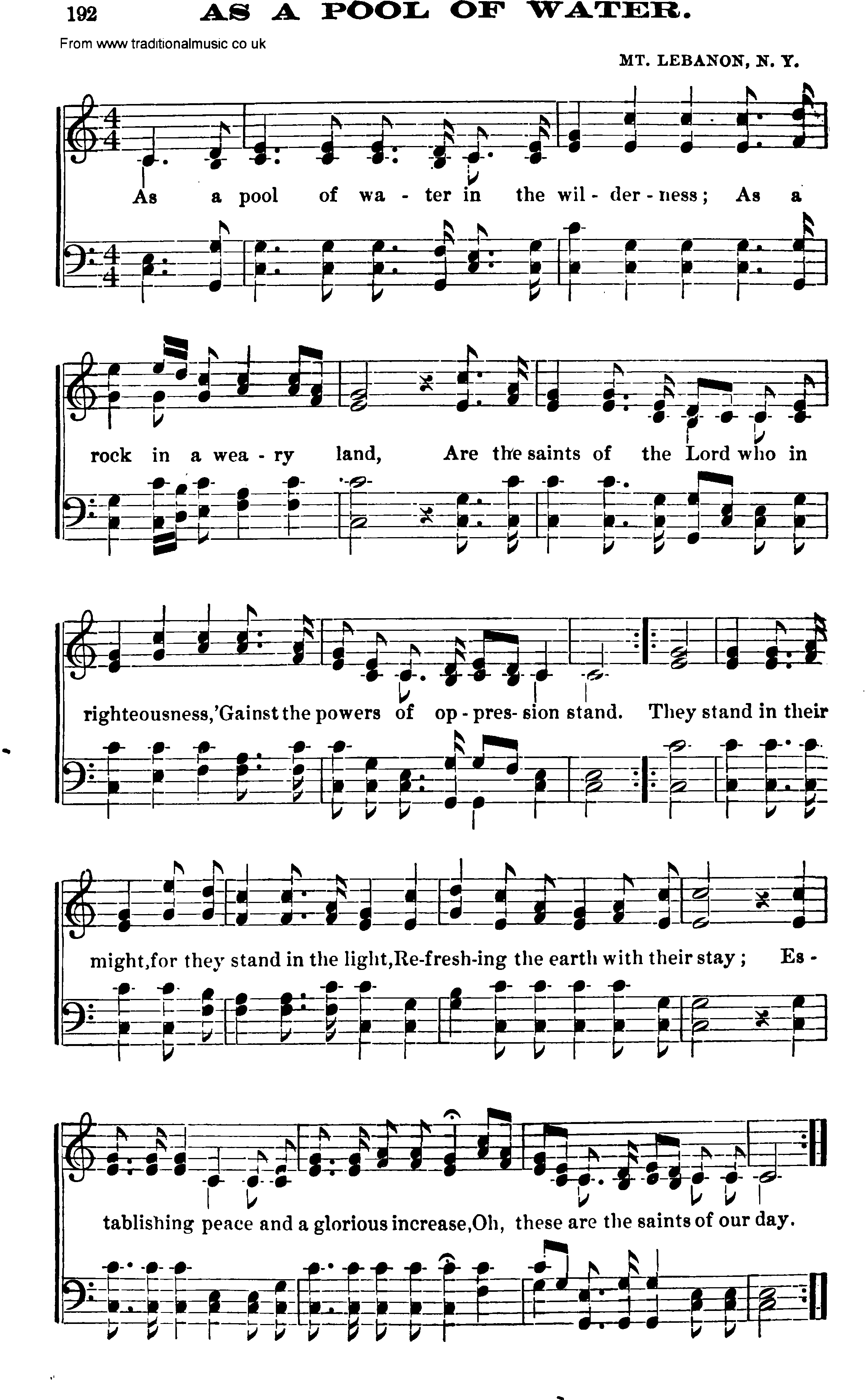 Shaker Music collection, Hymn: As A Pool Of Water, sheetmusic and PDF