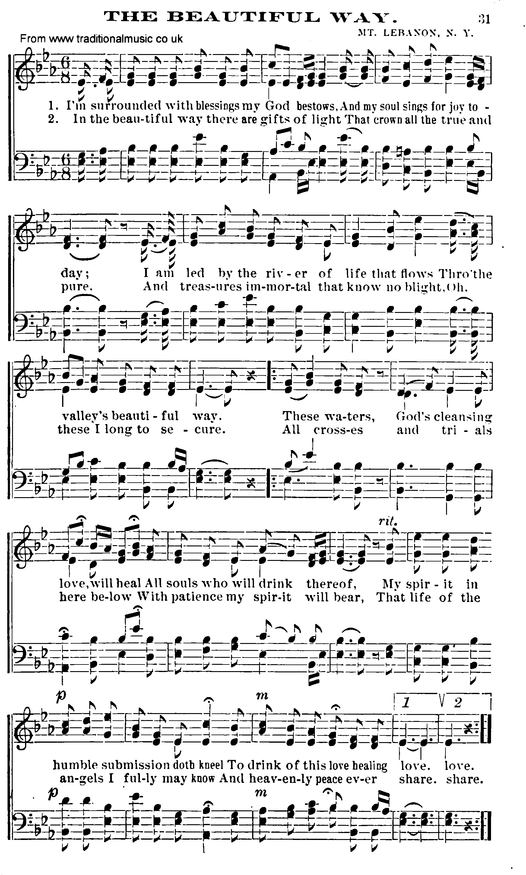 Shaker Music collection, Hymn: the beautiful way, sheetmusic and PDF