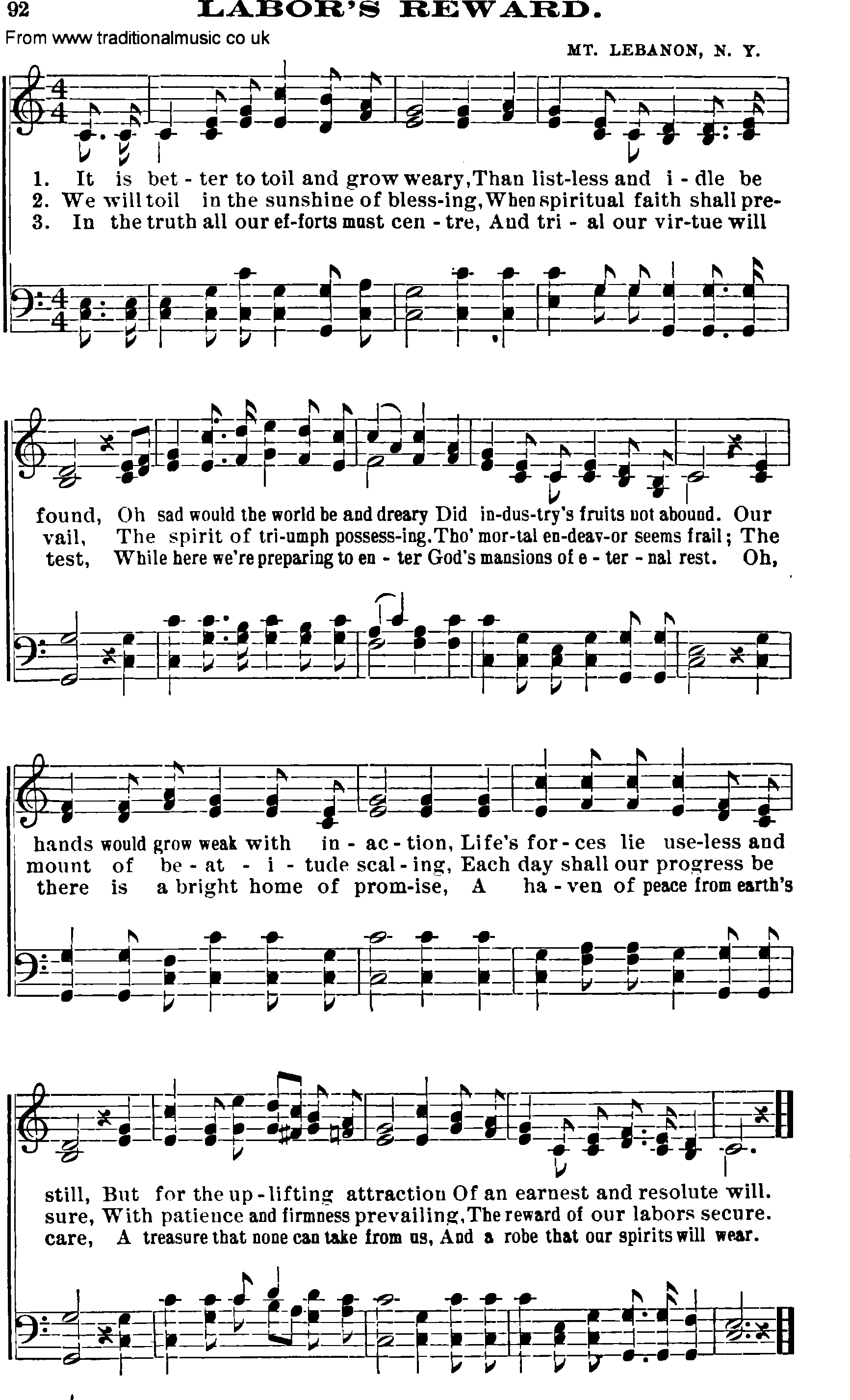 Shaker Music collection, Hymn: labor's reward, sheetmusic and PDF
